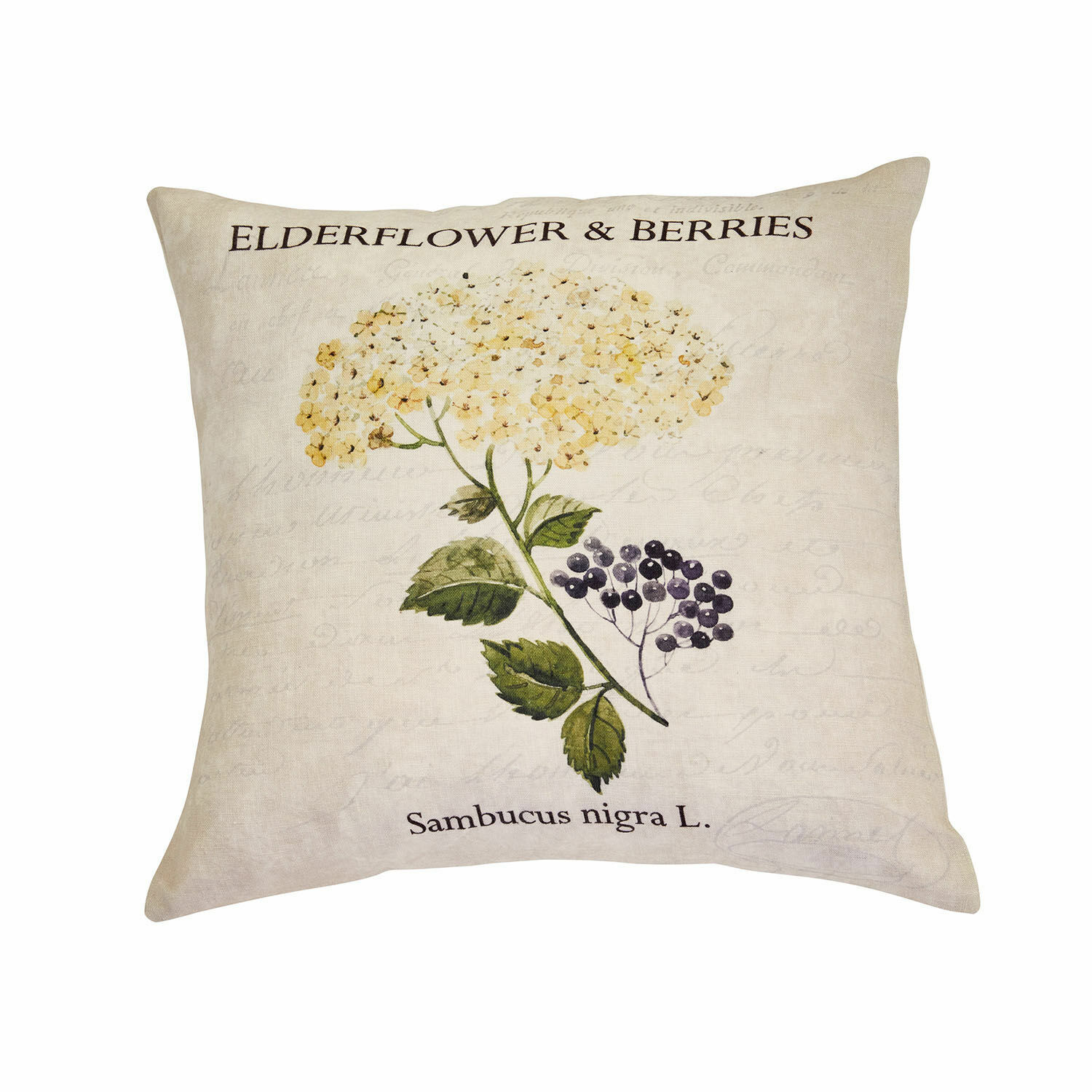 Cuscino beige in lino con stampa di fiori e bacche di sambuco nero, decorazione per interni