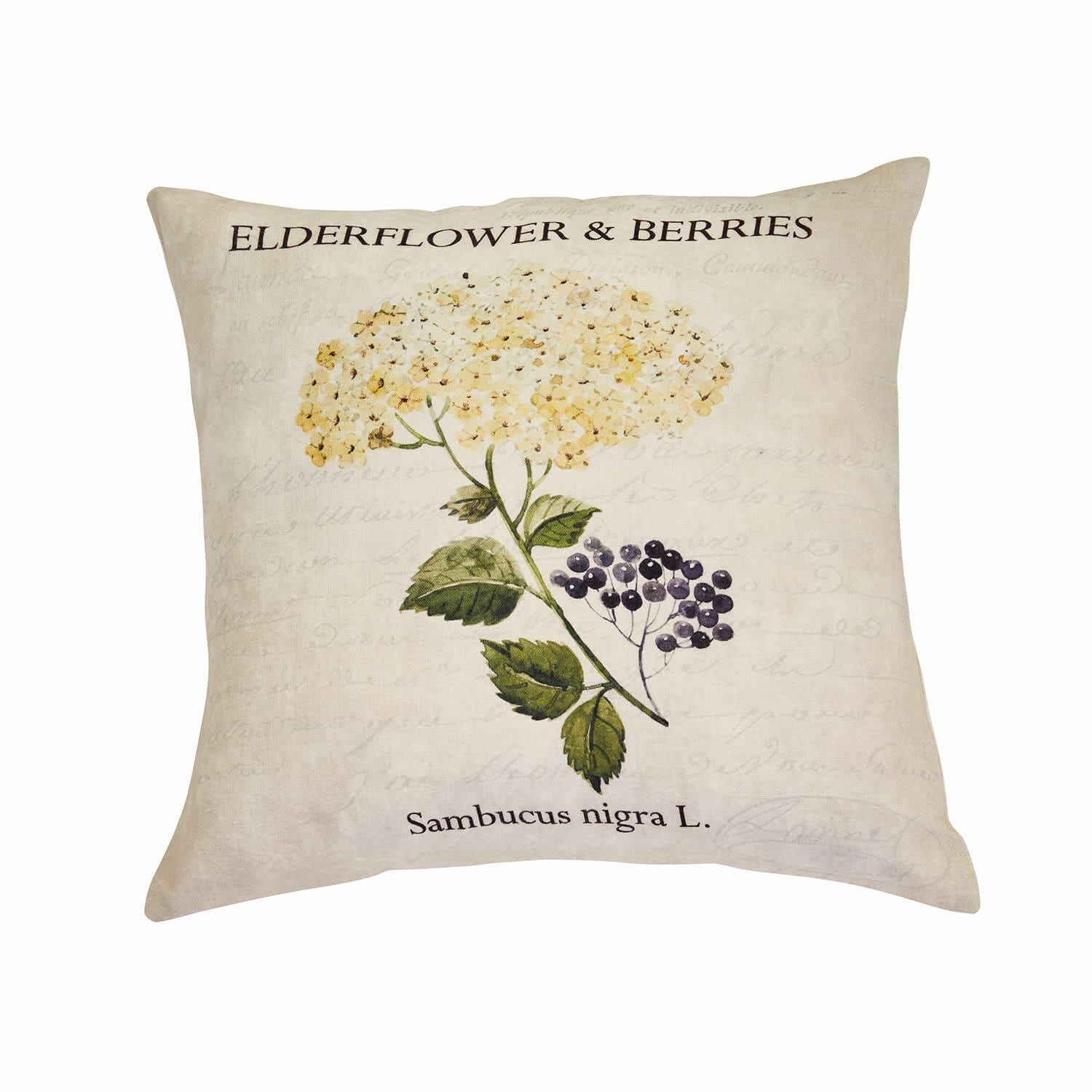 Copricuscino Sambucus Cuscino beige in lino con stampa di fiori e bacche di sambuco nero, decorazione per interni