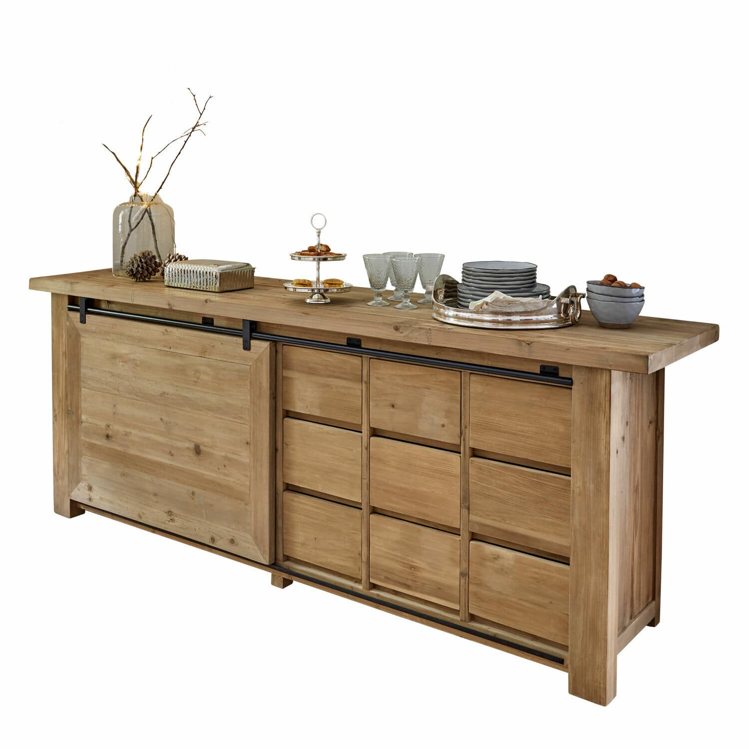 Mobile contenitore Orleans Madia in legno con ante scorrevoli e cassetti, colore naturale, mobile per soggiorno
