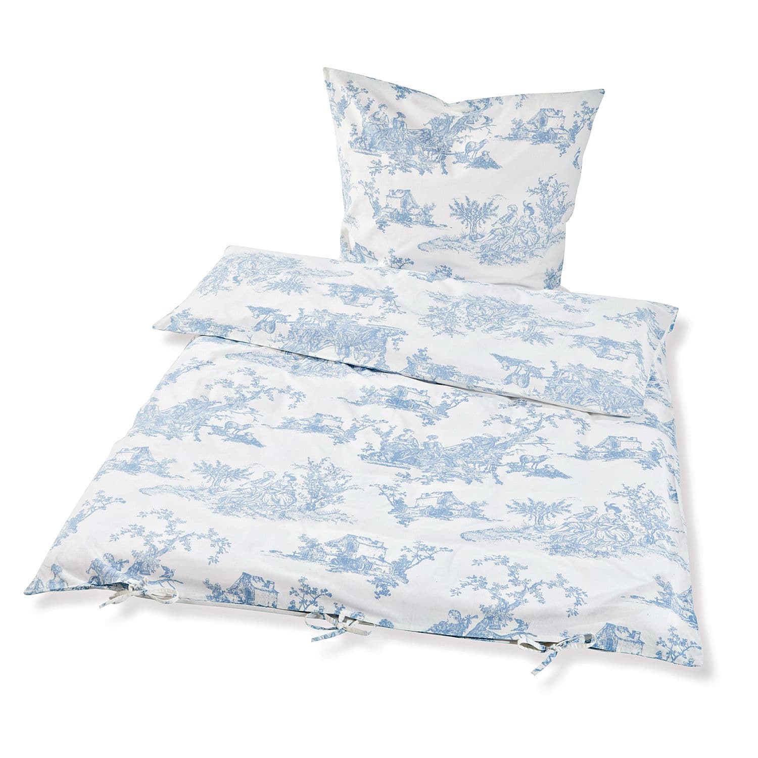 Biancheria da letto Pierrefeu in cotone bianco con motivo blu, delicata e elegante per la camera