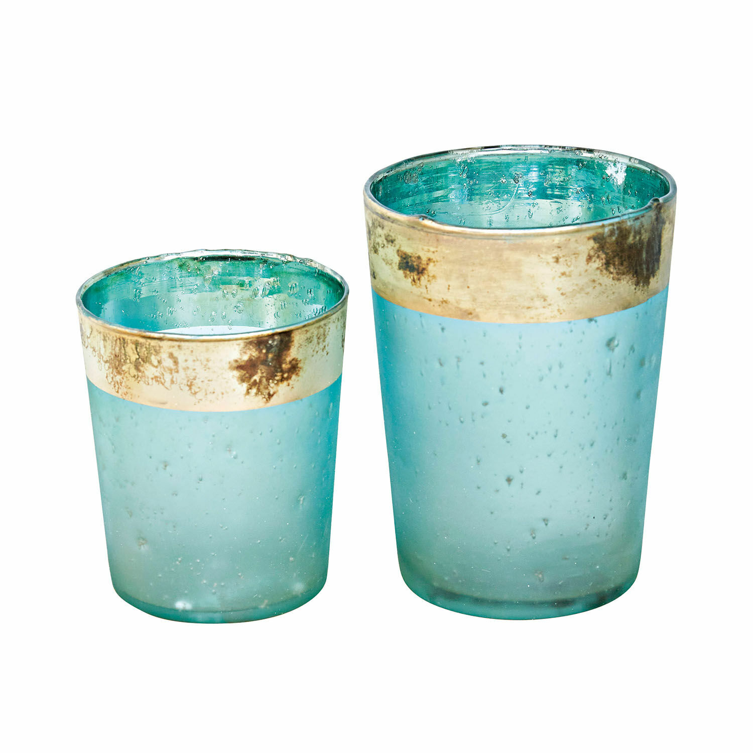 Coppia di portalumini Ewena Set di due portacandele in vetro blu con bordo metallico dorato, decorazione per interni
