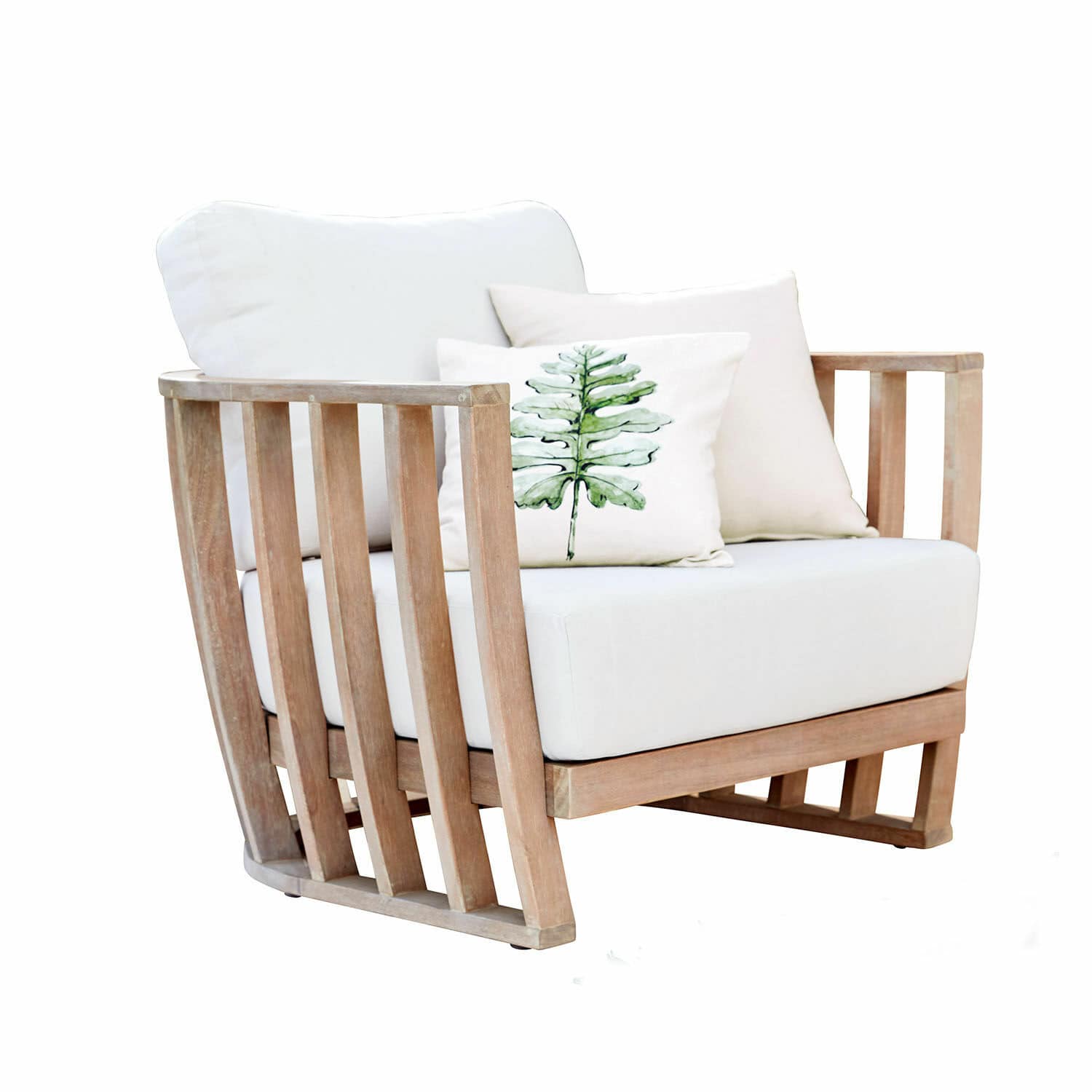 Poltrona FSC®-100% Vézère Poltrona in legno di teak con imbottitura bianca e cuscini, mobile moderno per soggiorno