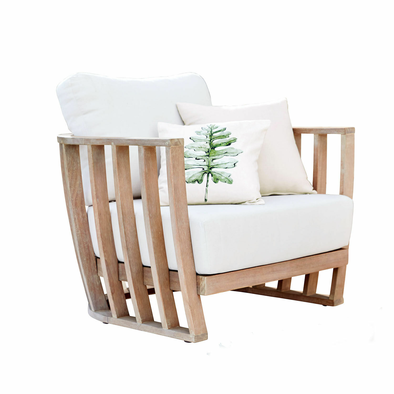 Poltrona FSC®-100% Vézère Poltrona in legno di teak con imbottitura bianca e cuscini, mobile moderno per soggiorno