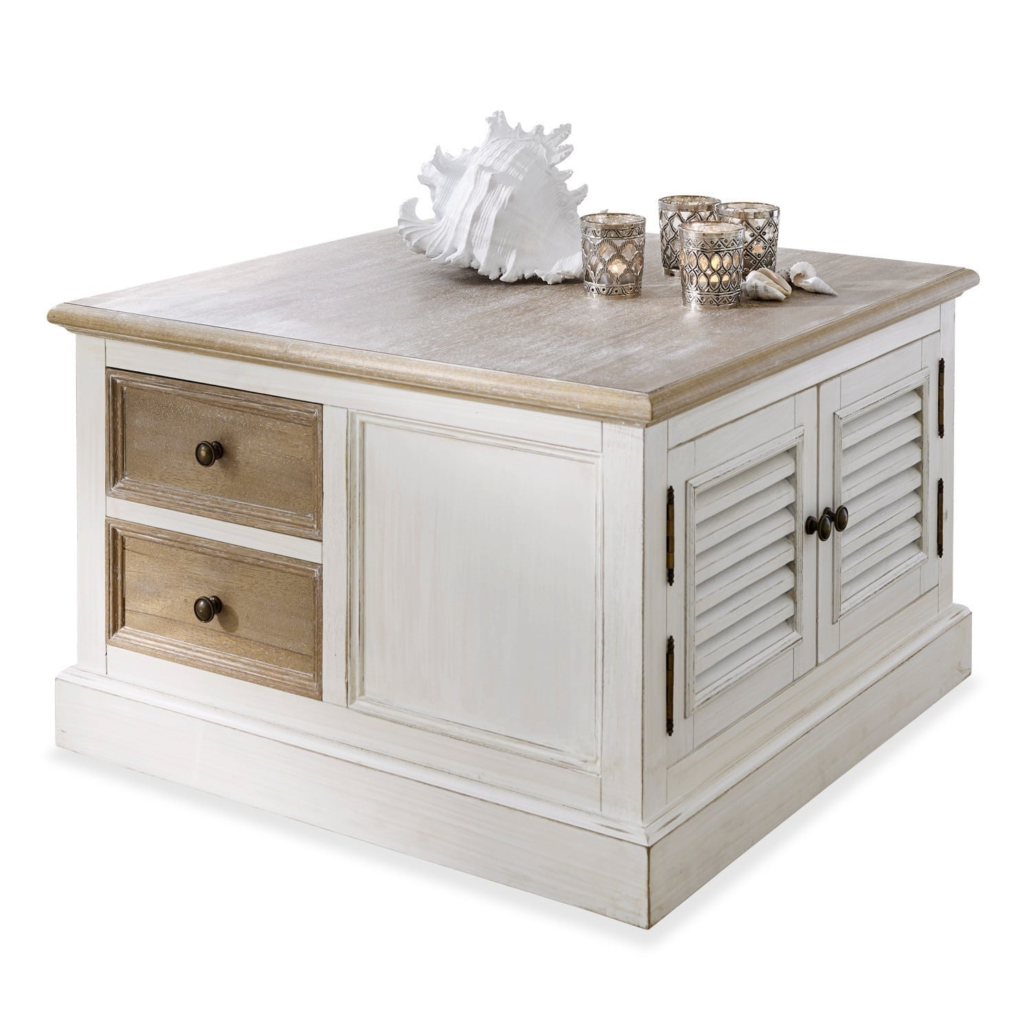 Tavolino da salotto Cloverport Tavolino quadrato in legno bianco e naturale con cassetti e decorazioni sul piano