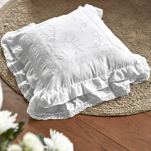 Cuscino bianco in cotone con pizzo e ricamo, decorativo per soggiorno o camera da letto
