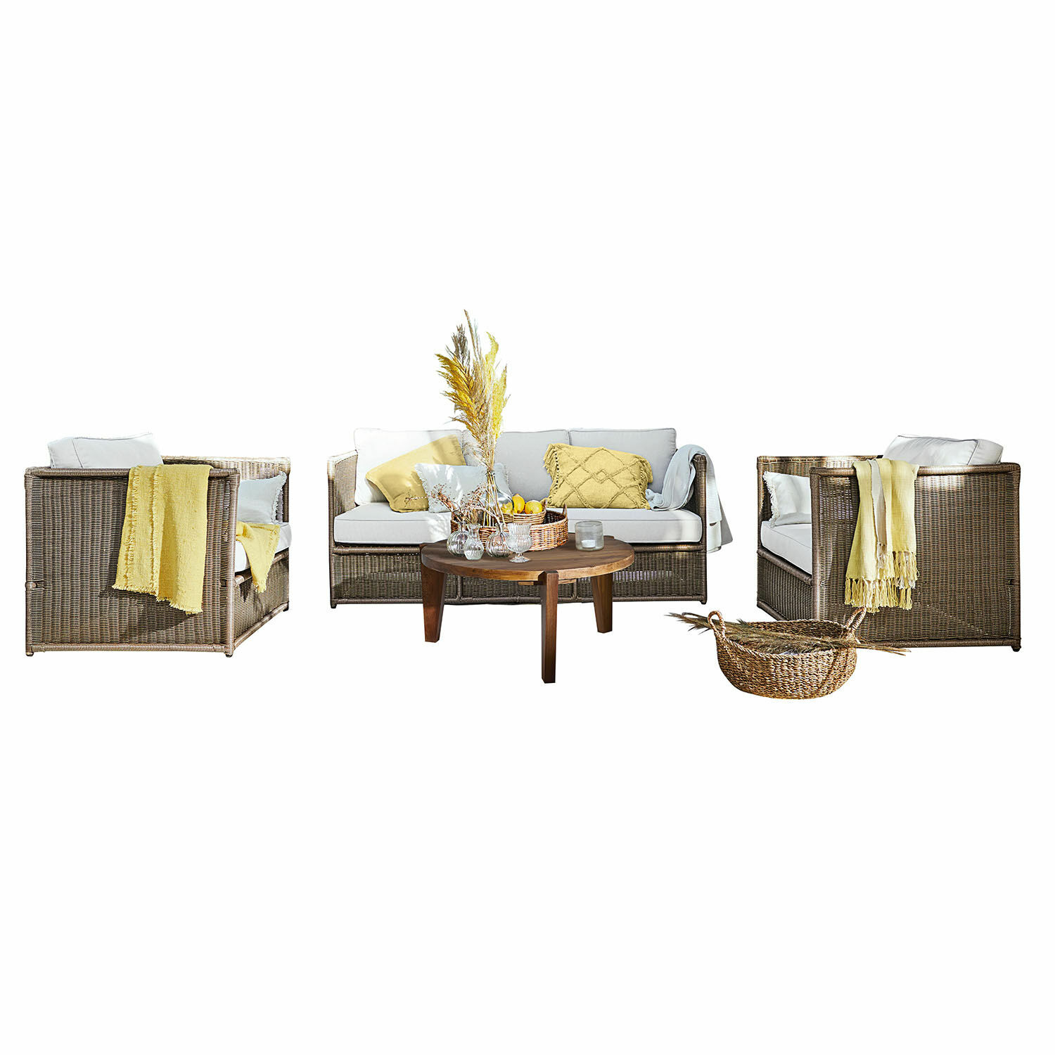 Salottino da giardino Lesmont Set di mobili da giardino in rattan con cuscini chiari e dettagli gialli, tavolo in legno