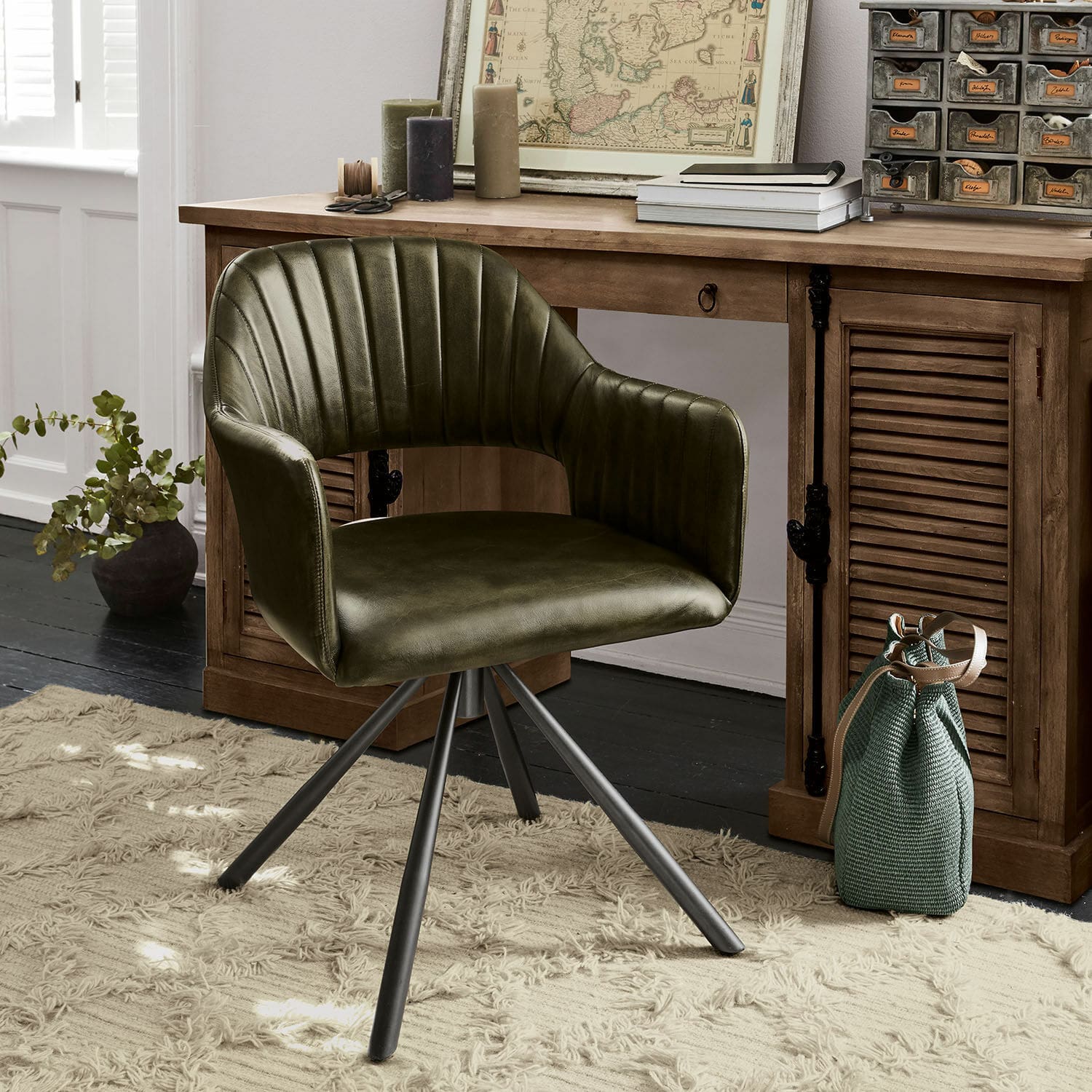 Sedia Murtagh Sedia girevole in ecopelle verde con gambe in metallo stile vintage per ufficio