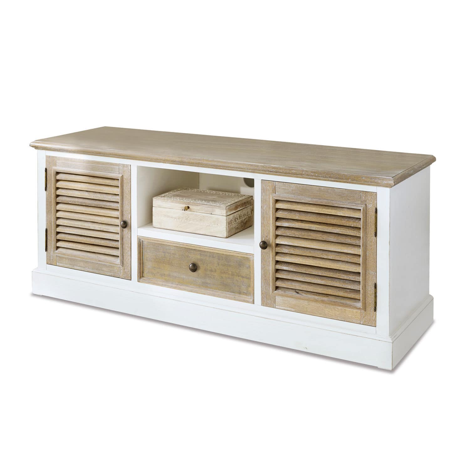 Credenza Glencoe Madia in legno bianco e naturale con cassetto e due ante a persiana, mobile contenitore funzionale