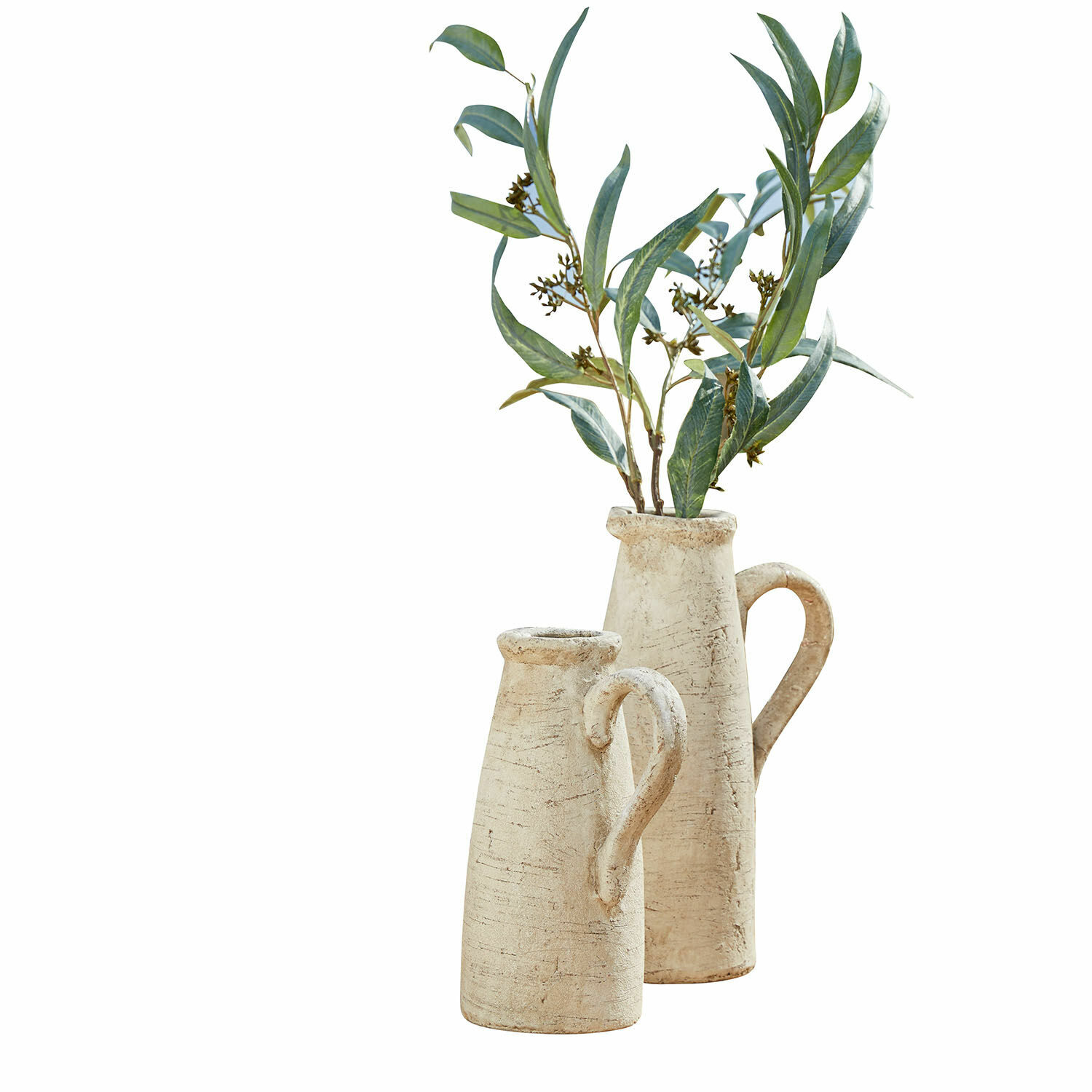 Coppia di caraffe decorative Lilette Set di due vasi in ceramica beige con manici, pianta decorativa verde