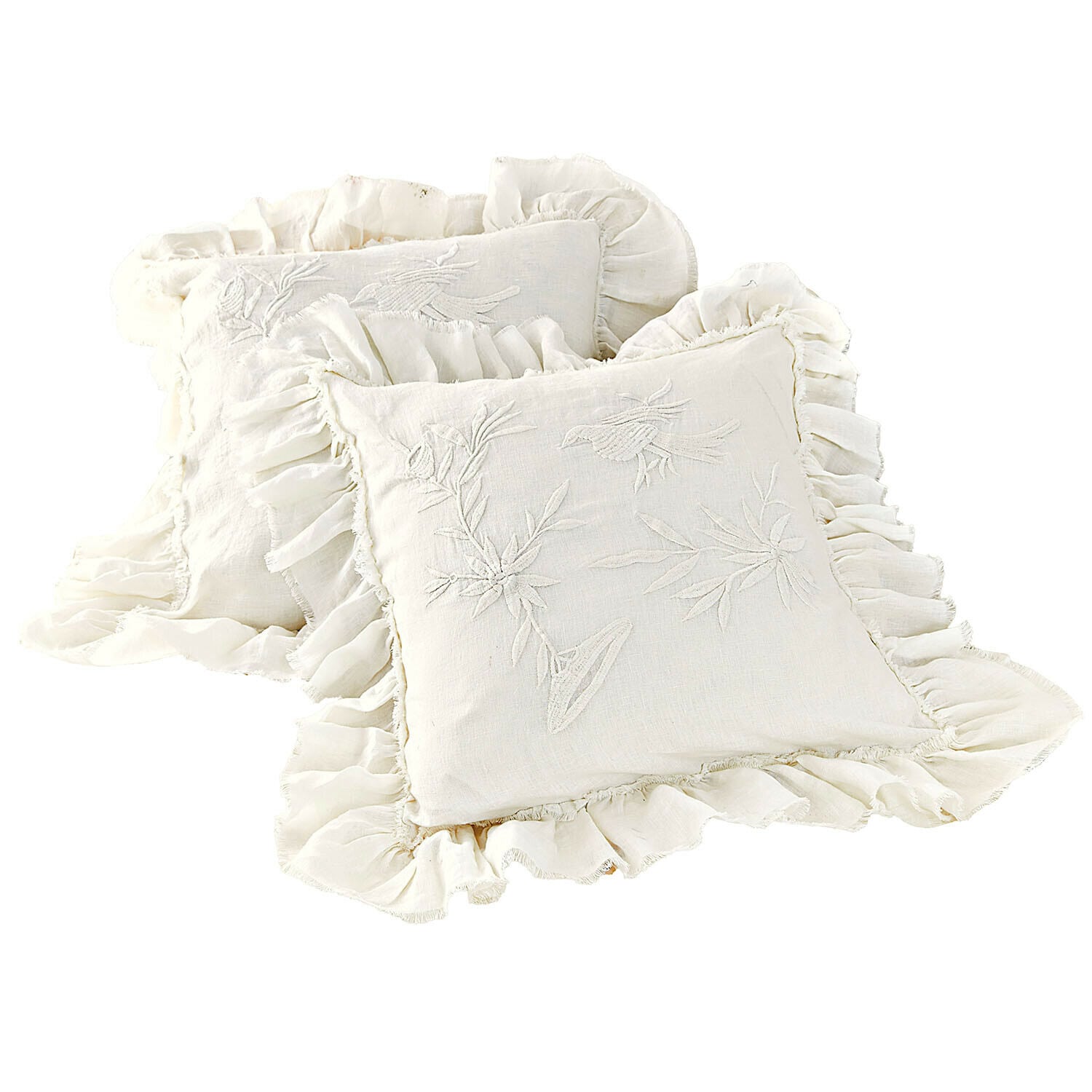 Cuscini bianchi in lino con volant e ricami di uccelli e piante, decorativi per soggiorno o camera da letto