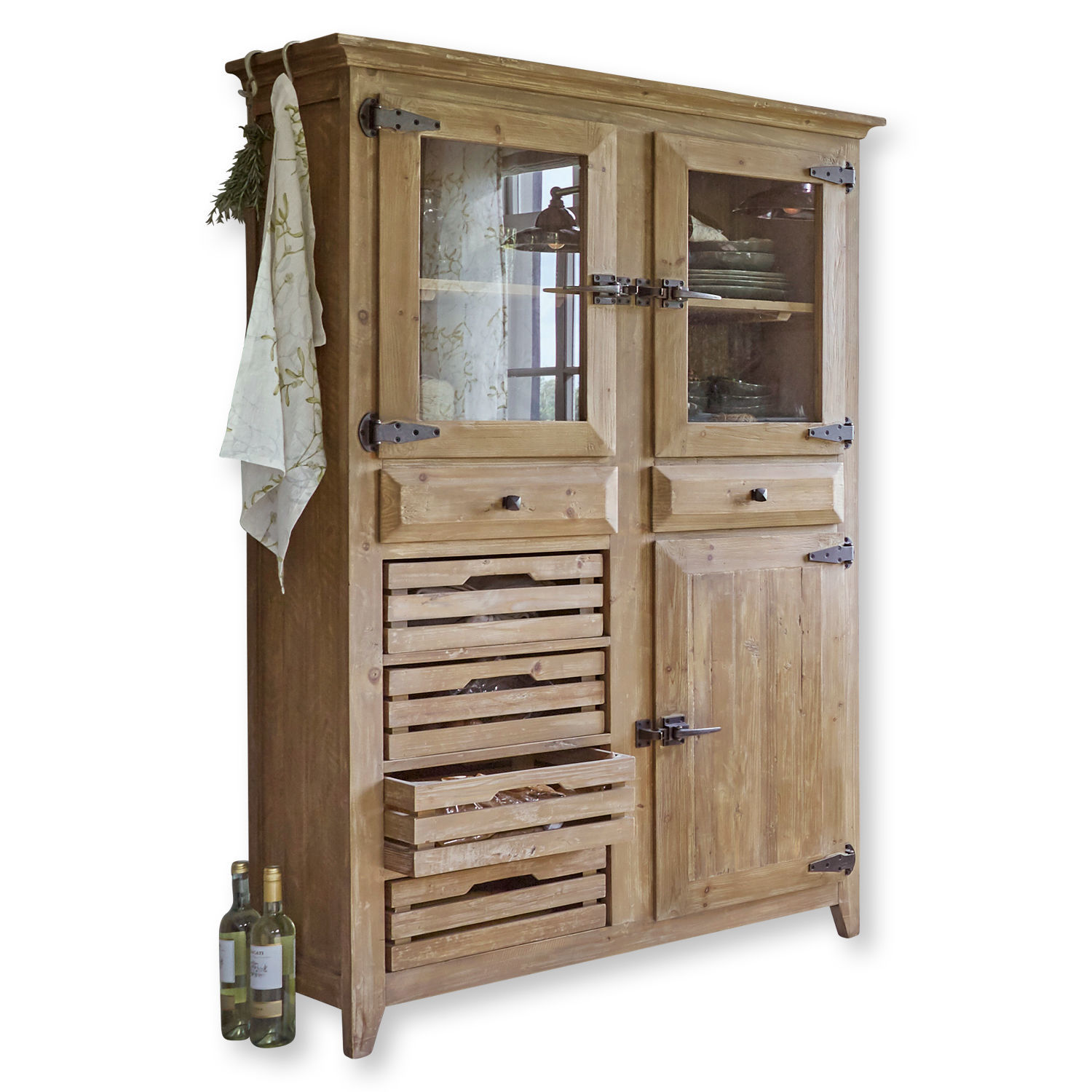 Credenza Stonehenge Mobile in legno naturale con cassetti e ante in vetro per riporre in cucina rustica