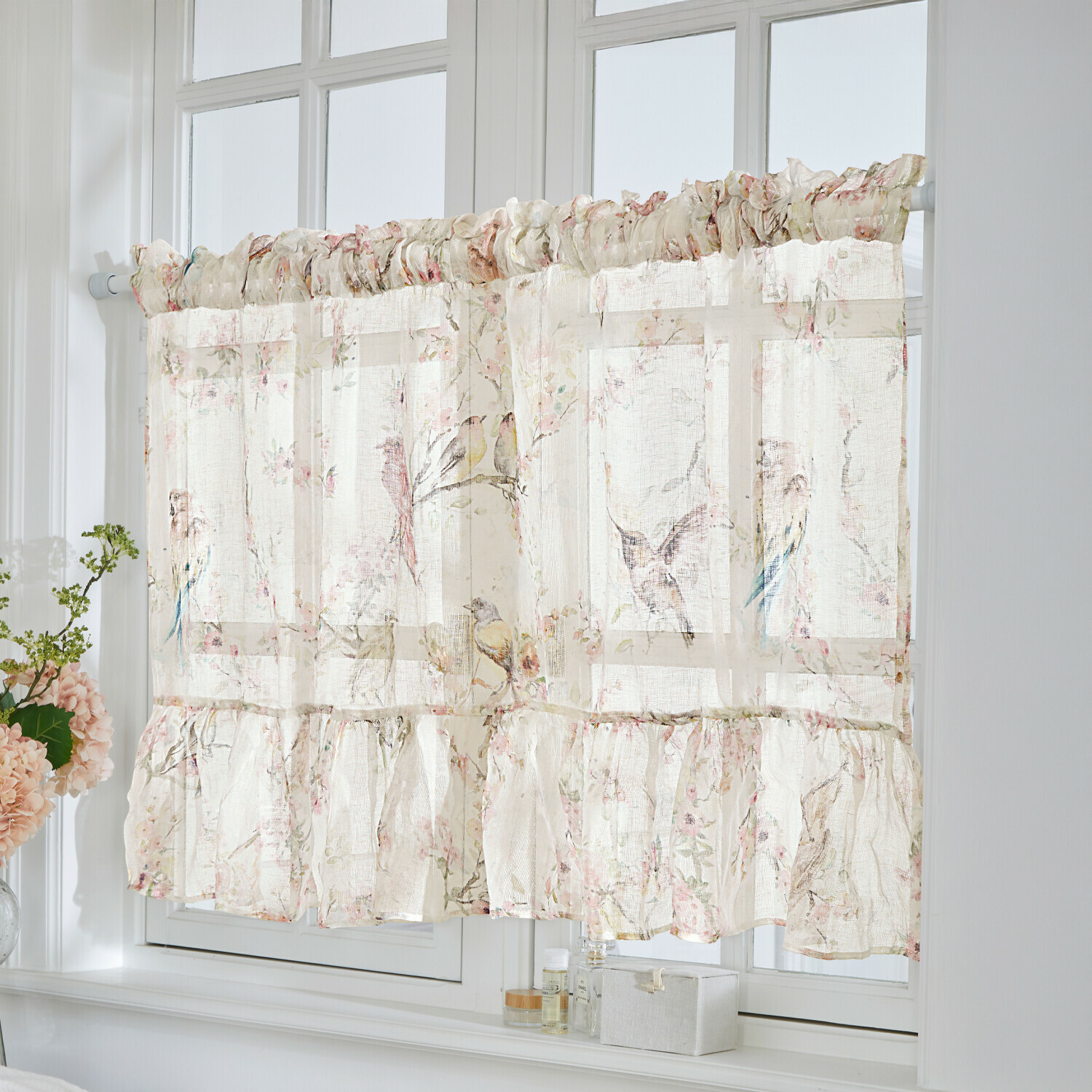 Tendina Eronal Tenda trasparente in tessuto leggero color crema con motivo uccelli e fiori per soggiorno