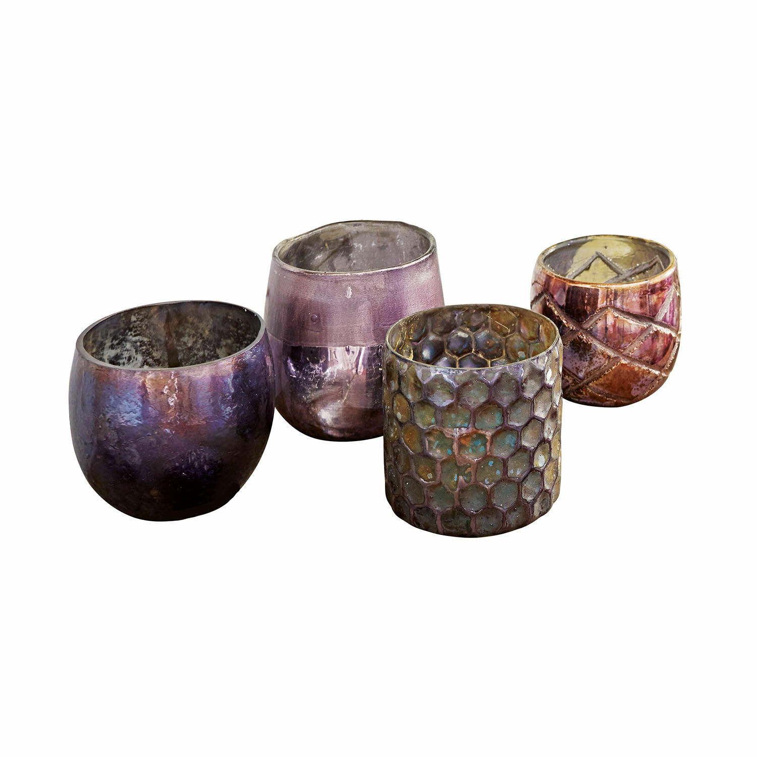 viola Set di 4 portacandele in vetro viola con diverse texture, decorazione e illuminazione d'interni
