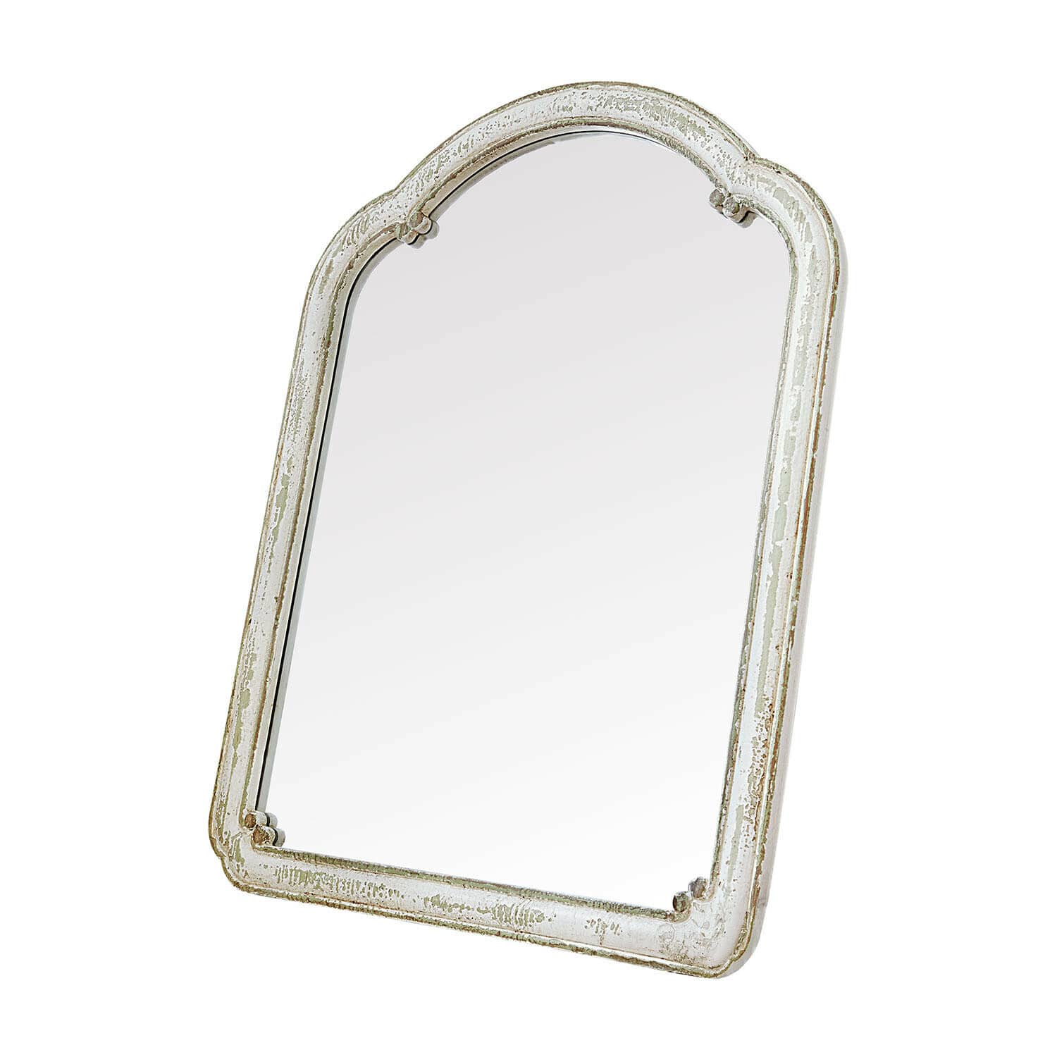 Specchio Ashwyn Specchio con cornice bianca invecchiata dalla forma arrotondata, decorazione vintage per interni