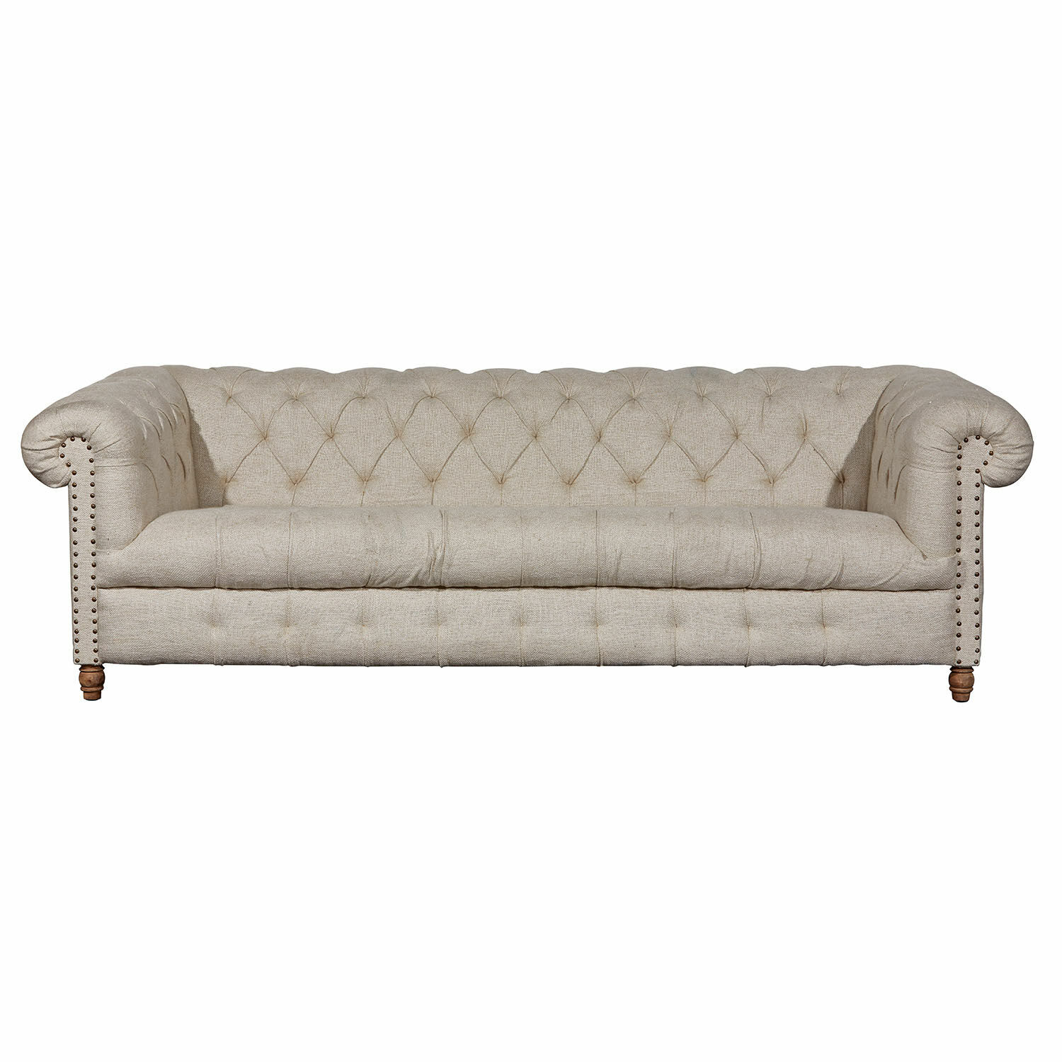 lino Divano Parpeville in lino beige con schienale capitonné e gambe in legno per soggiorno