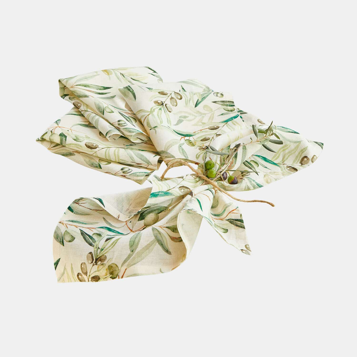 Set di 4 tovaglioli Nolaria Tovagliolo in lino color crema con motivo di olive verdi, decorazione da tavola