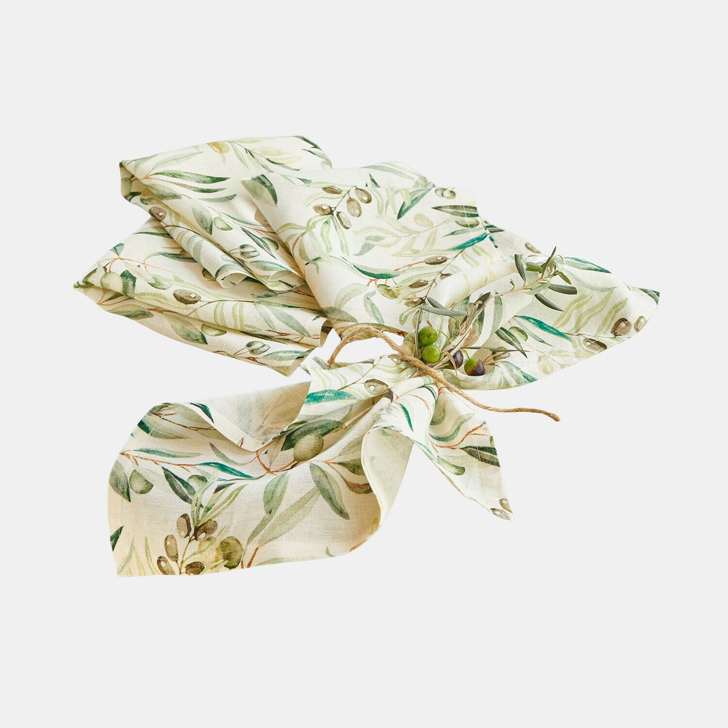 Set di 4 tovaglioli Nolaria Tovagliolo in lino color crema con motivo di olive verdi, decorazione da tavola