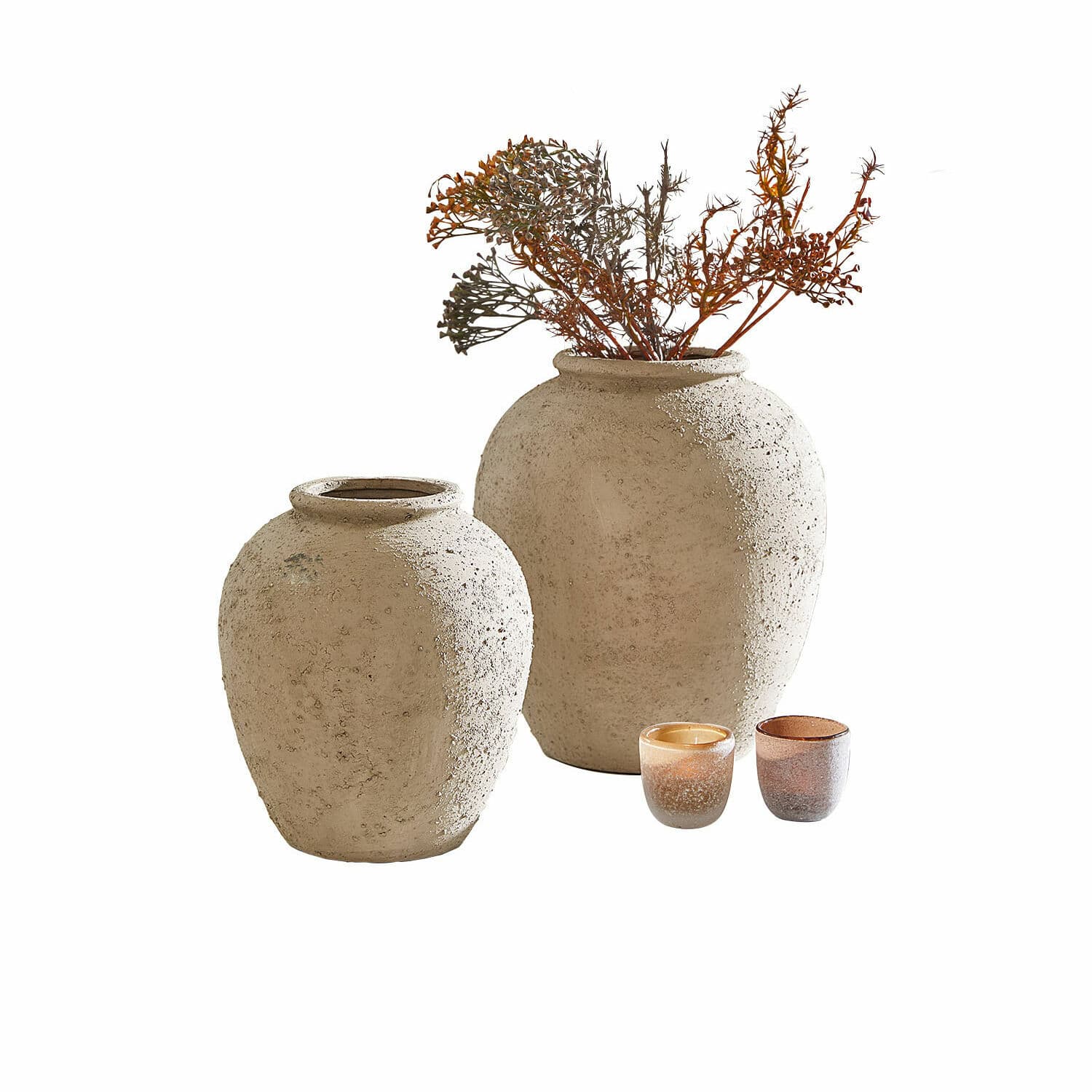 Coppia di vasi Zaviro Set di due vasi in ceramica beige con texture e due piccoli portacandele decorativi