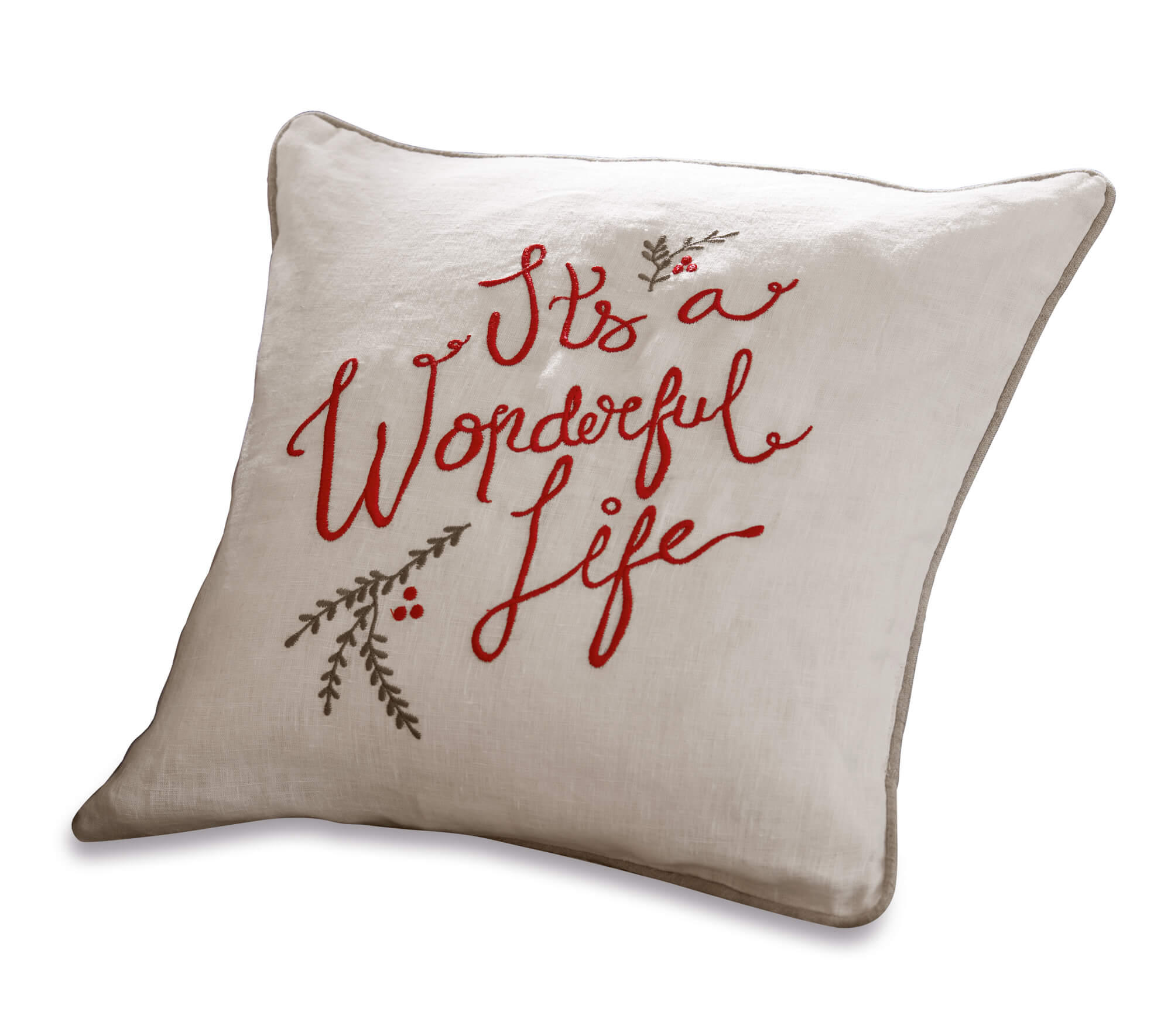 Cuscino beige in lino con ricamo rosso "It's a Wonderful Life" e decorazione di rami