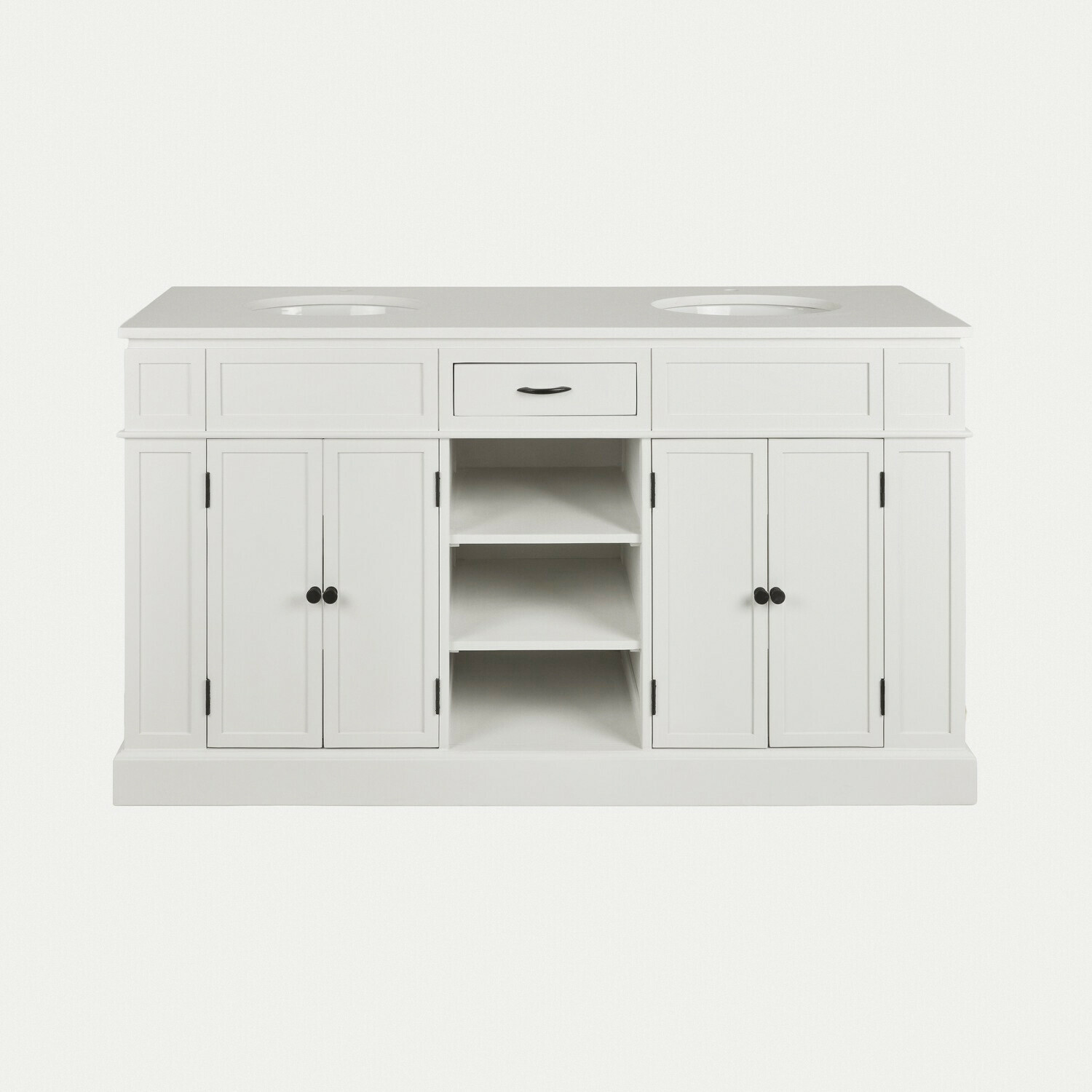 Mobile con doppio lavabo Lydia Mobile bagno bianco con due fori per lavandini e maniglie nere, spazio contenitivo
