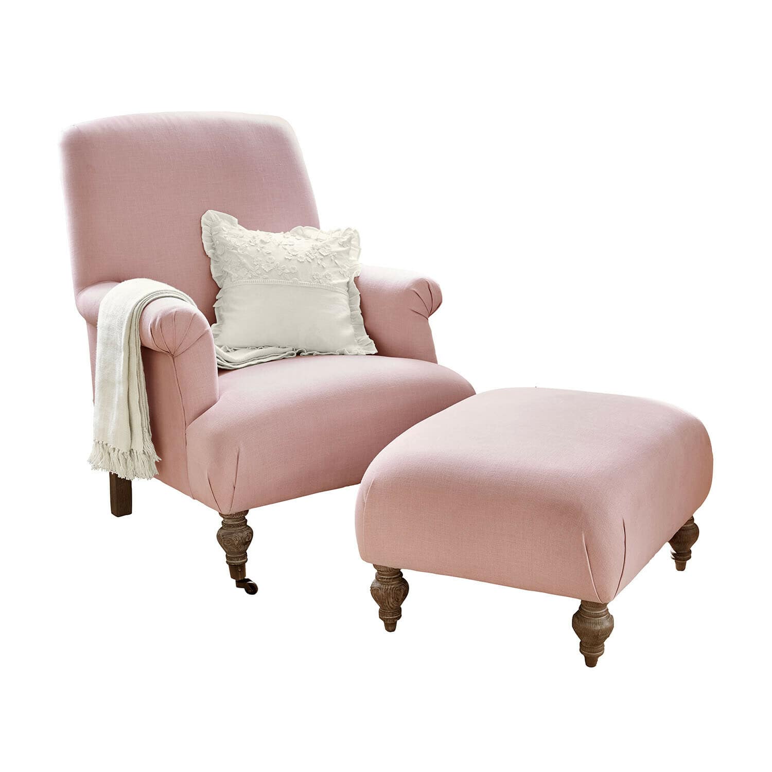 Poltrona con poggiapiedi Rose de Lumière Poltrona rosa in tessuto con poggiapiedi abbinato e cuscino decorativo bianco su gambe in legno