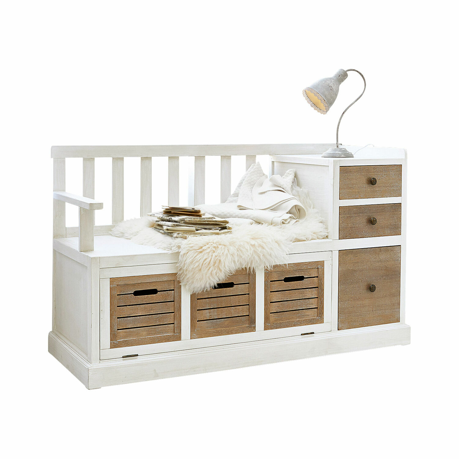 Panca Elton Panca in legno bianco con cassetti marroni naturali e coperta in pelliccia sintetica per riporre