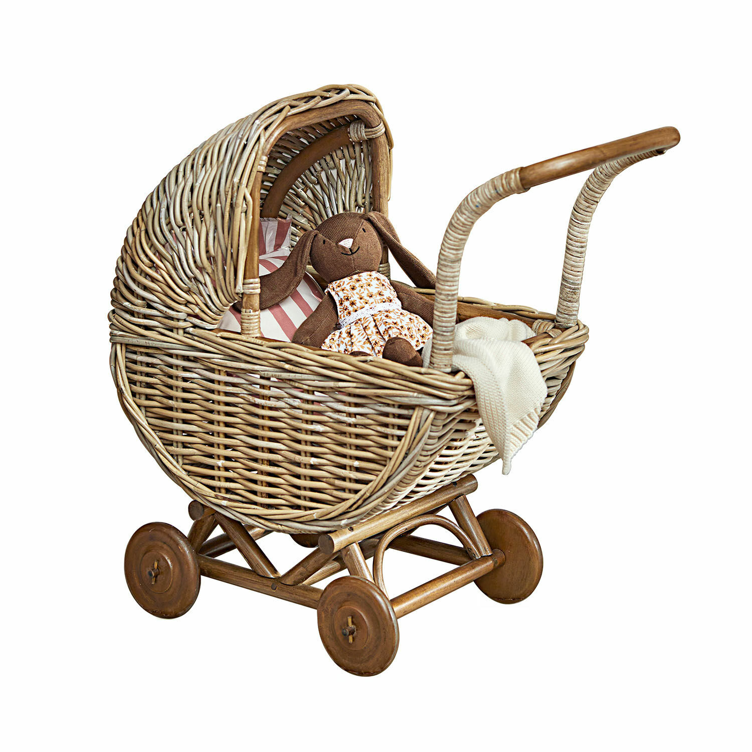 Carrozzina per bambole Fableton Carrozzina in vimini con ruote in legno e coniglio di peluche con vestito a fiori