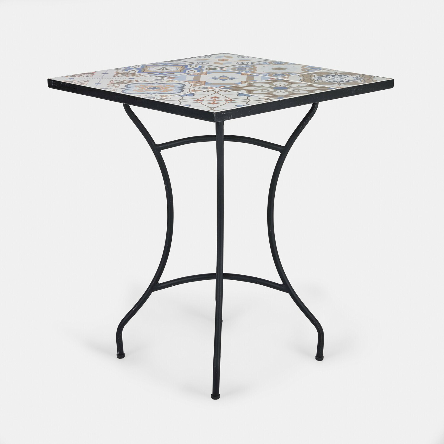Tavolo Céligny Tavolo quadrato con base in metallo nero e piano in ceramica colorata con motivo decorativo