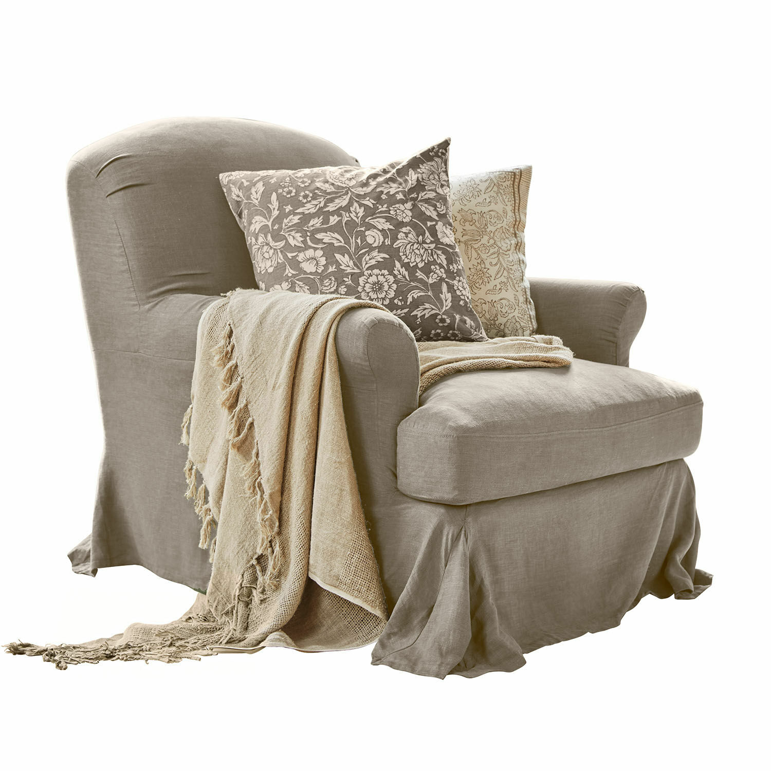 Poltrona Vionnique Poltrona beige in lino con due cuscini decorativi e coperta morbida per soggiorno