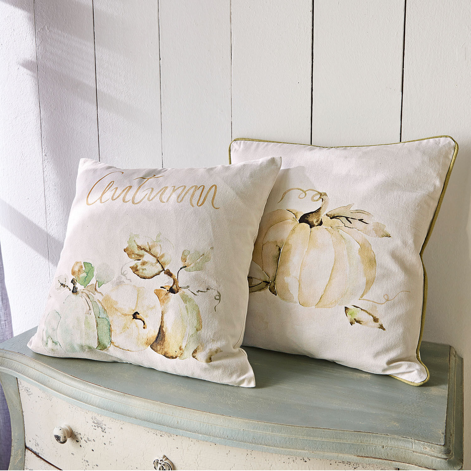 Coppia di fodere da cuscino Laubard Cuscini decorativi in cotone crema con motivo zucca e scritta autumn per decorazioni autunnali