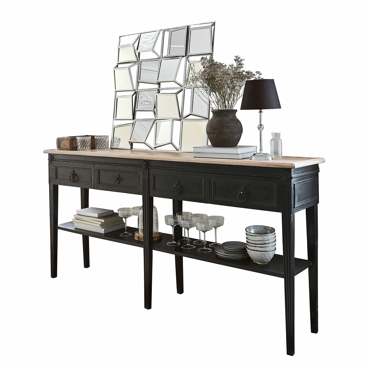 Consolle Riviéres Consolle nera con piano in legno e cassetti, decorata con specchio e lampada da tavolo