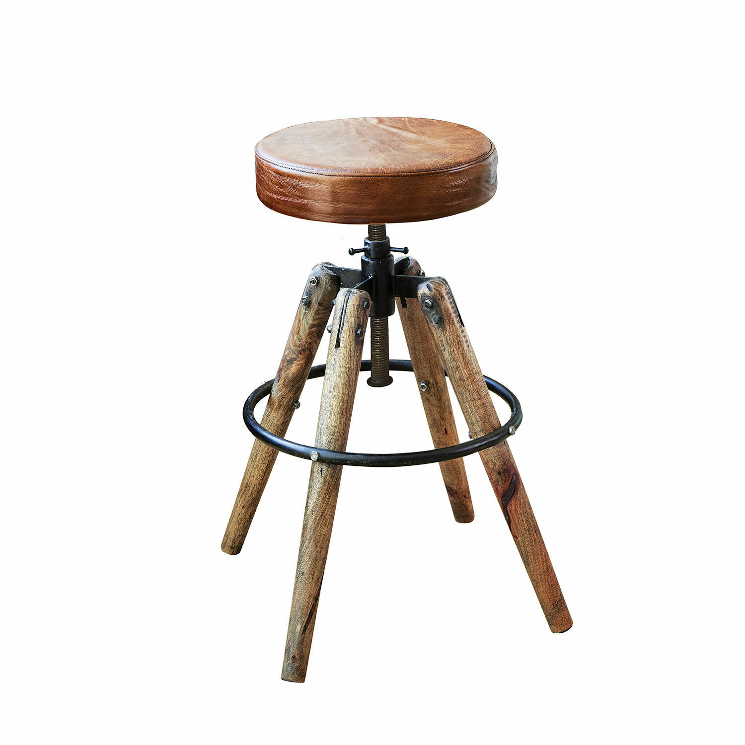 marrone Sgabello Twist con seduta in pelle marrone e gambe in legno con anello metallico nero