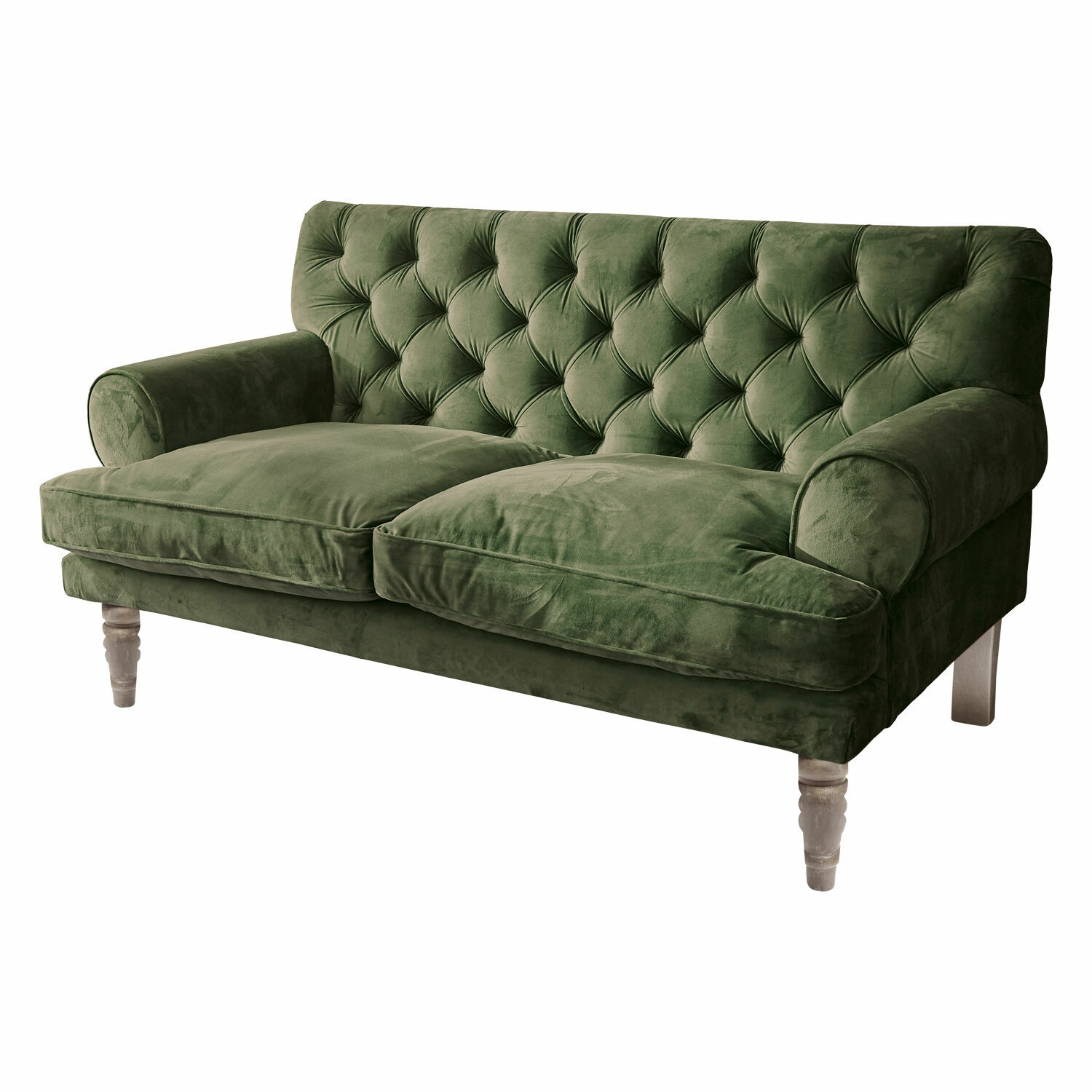 Divano Carme Divano verde in velluto con schienale capitonné e gambe in legno per soggiorno elegante