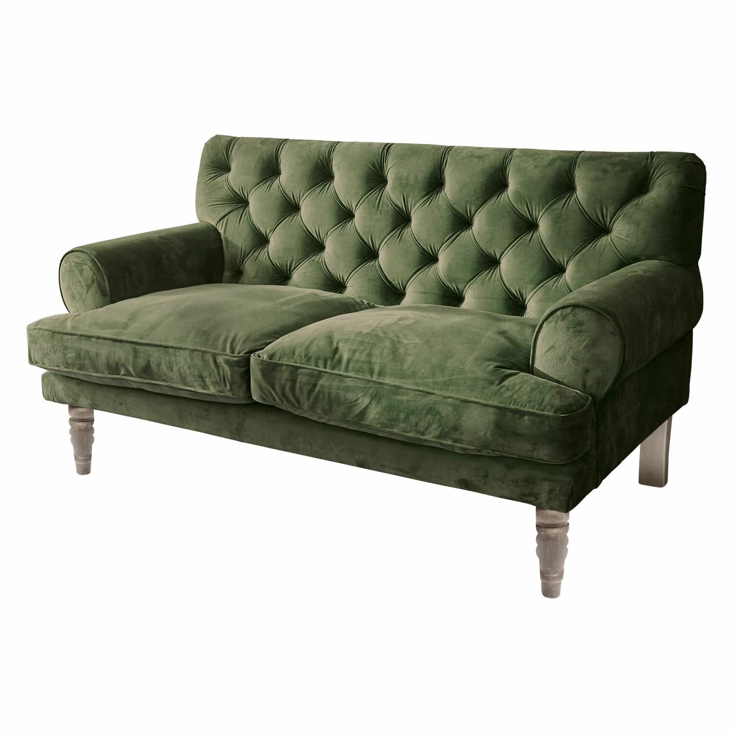 Divano Carme Divano verde in velluto con schienale capitonné e gambe in legno per soggiorno elegante
