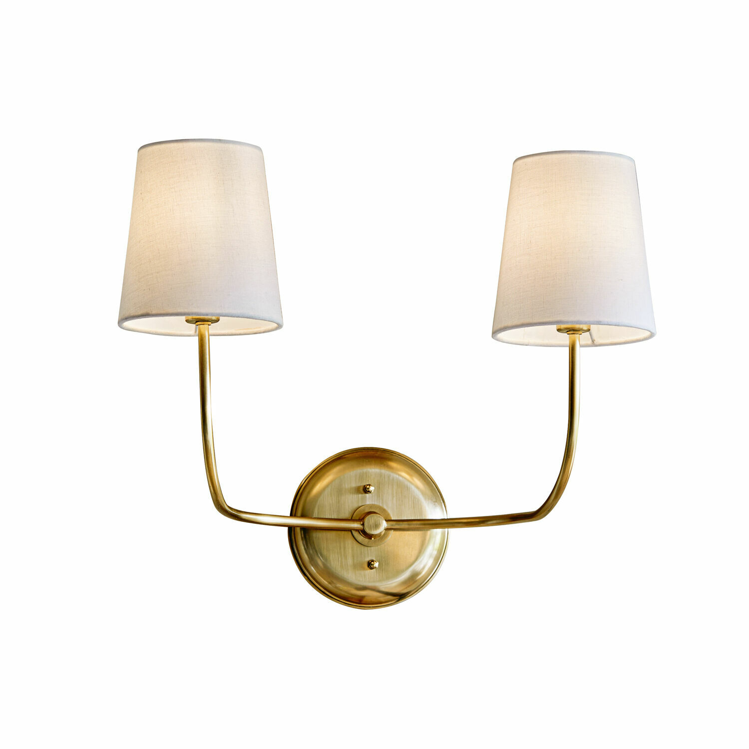 Lampada da parete Plainfield Applique doppia in ottone con paralumi bianchi in tessuto per illuminazione da parete