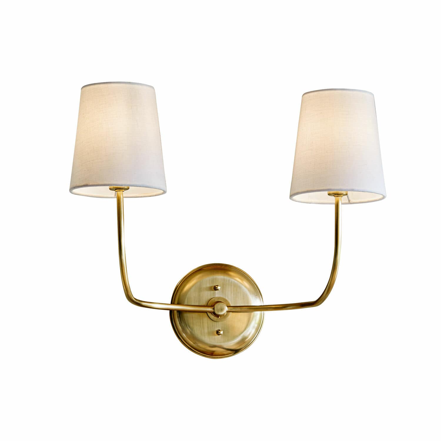 Lampada da parete Plainfield Applique doppia in ottone con paralumi bianchi in tessuto per illuminazione da parete