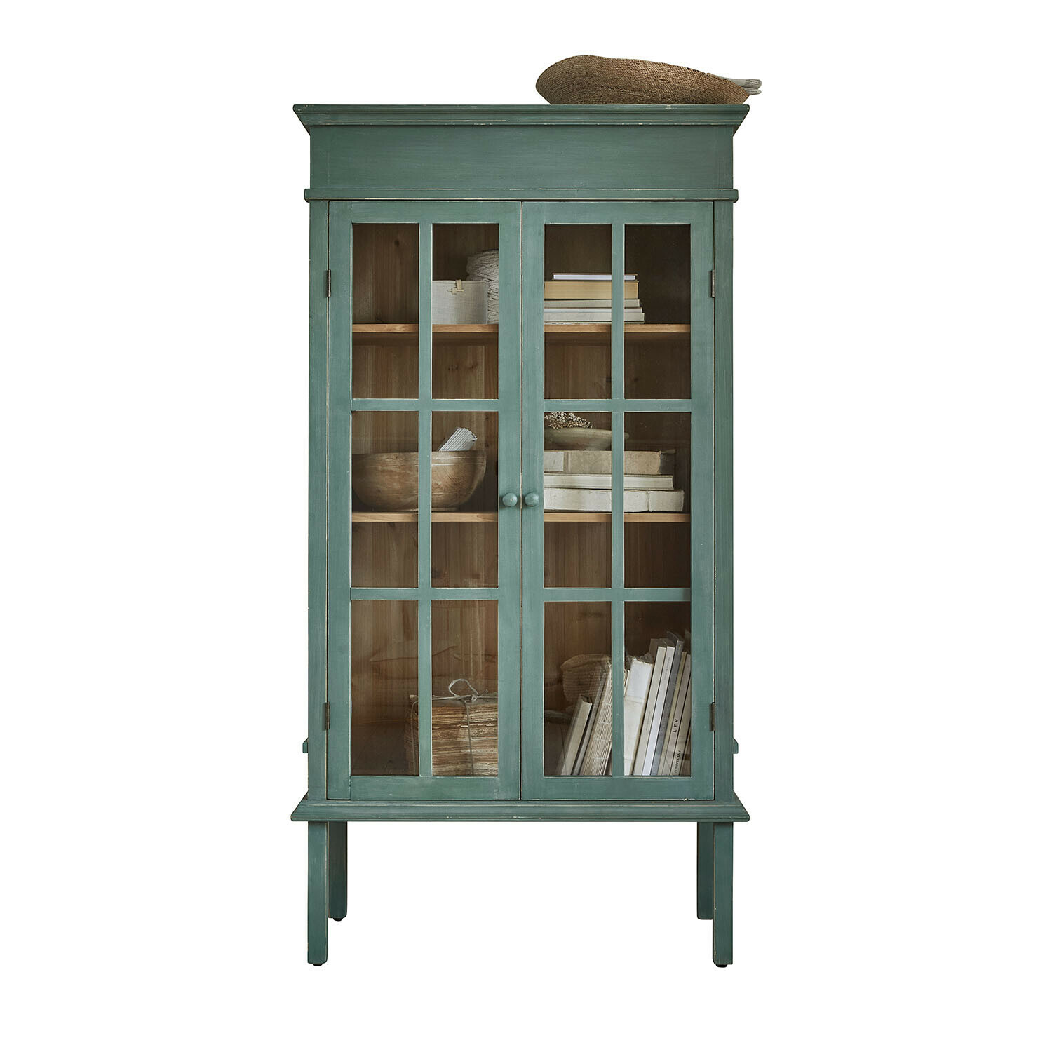 Mobile alto Faymere Vetrina in legno verde con ante in vetro e ripiani con libri e oggetti decorativi