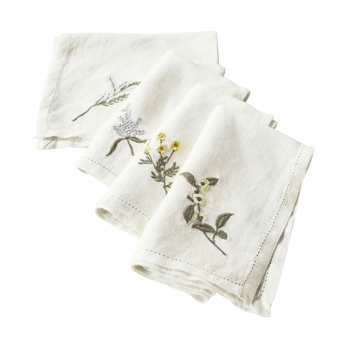 Tovaglioli in lino bianco con ricami floreali, decorativi ed eleganti per la tavola