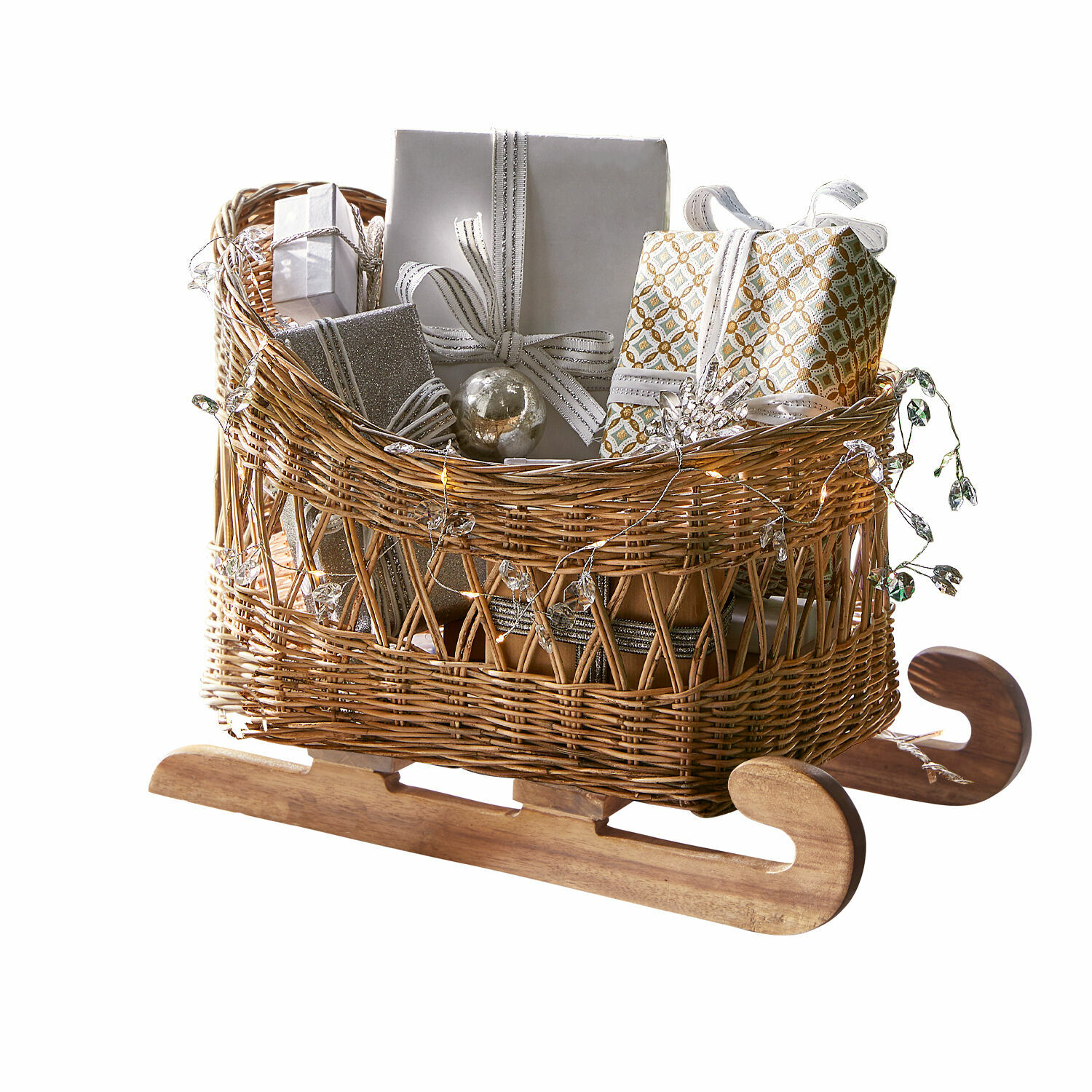Slittino decorativo Quileta Slitta in vimini con base in legno piena di regali incartati in argento e oro per Natale