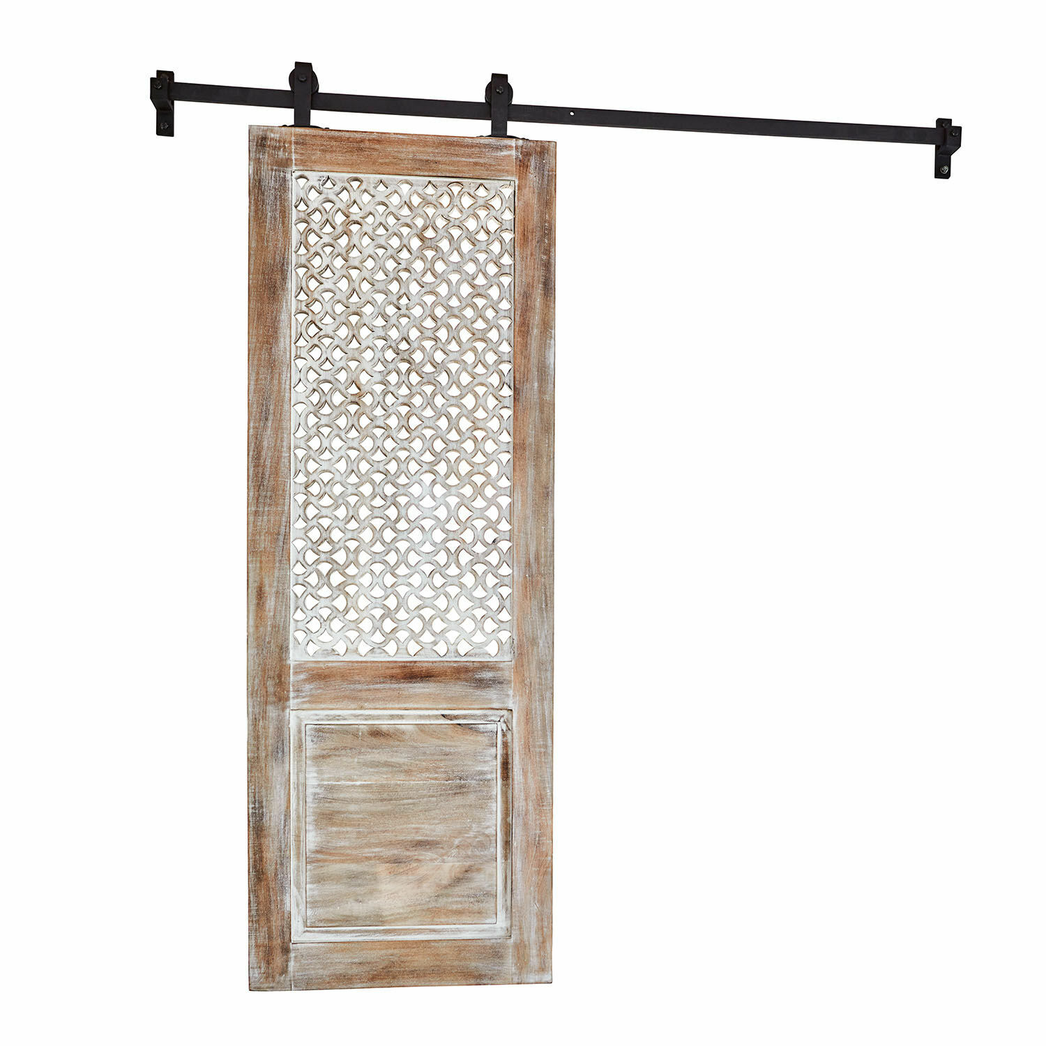 Porta scorrevole Miette Porta scorrevole rustica in legno di mango naturale con motivo traforato e binario metallico nero