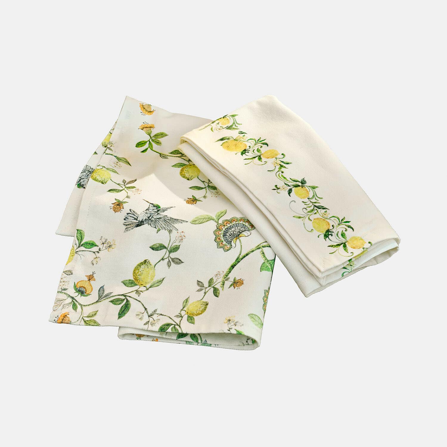 Set di due strofinacci in cotone color crema con motivo limoni e uccelli per cucina elegante
