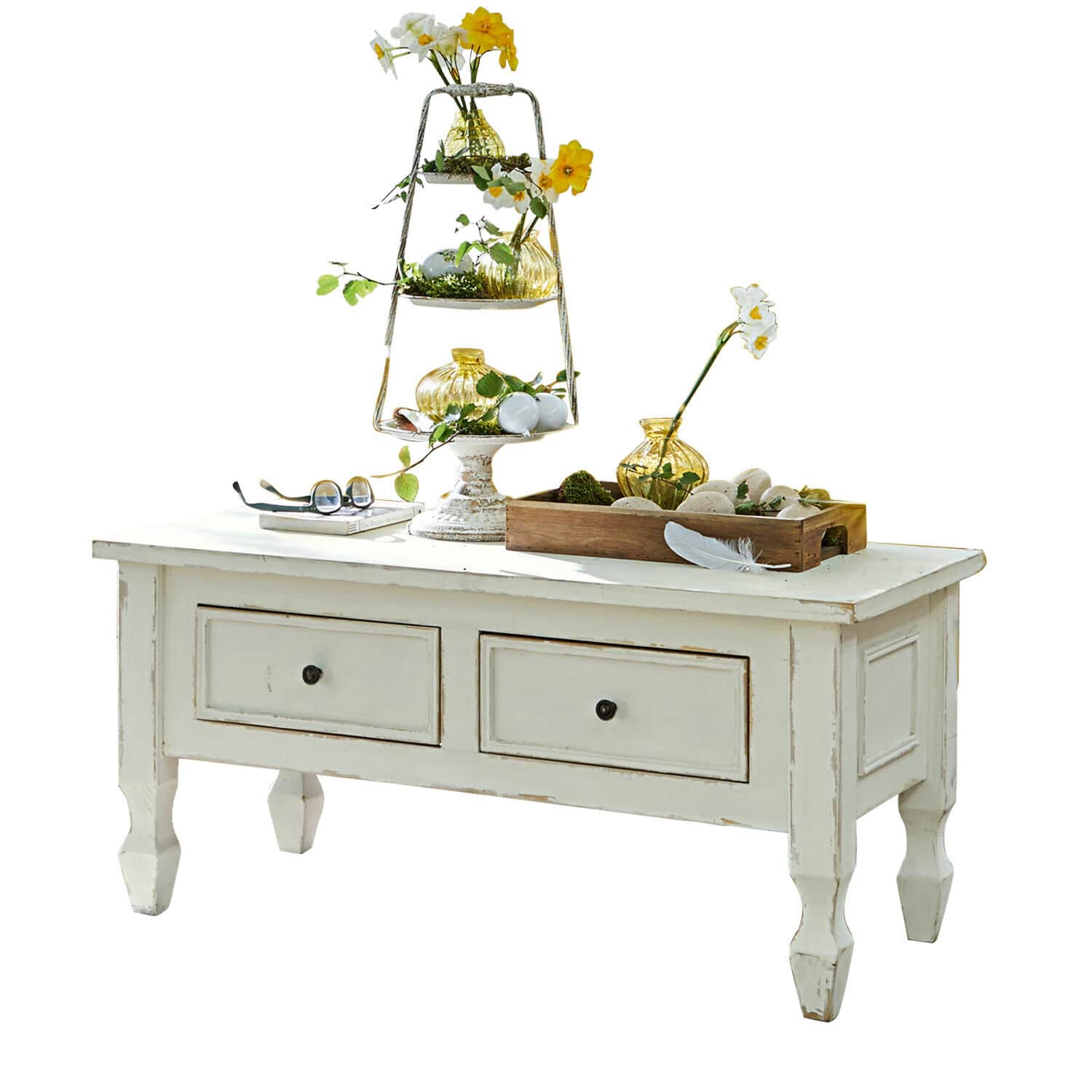 Tavolino da salotto Yurielka Tavolino bianco in legno con cassetti e decorazioni primaverili con fiori gialli e vetro