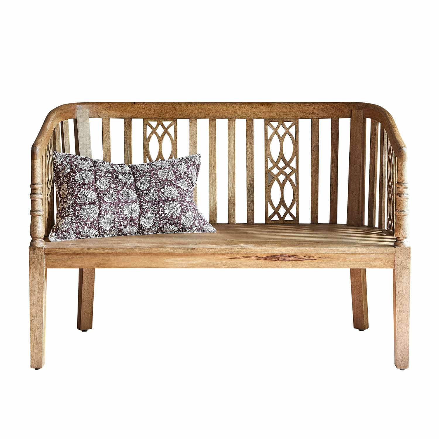 Panchina Merveillant Panca in legno naturale con schienale decorativo e cuscino a motivo floreale, stile rustico