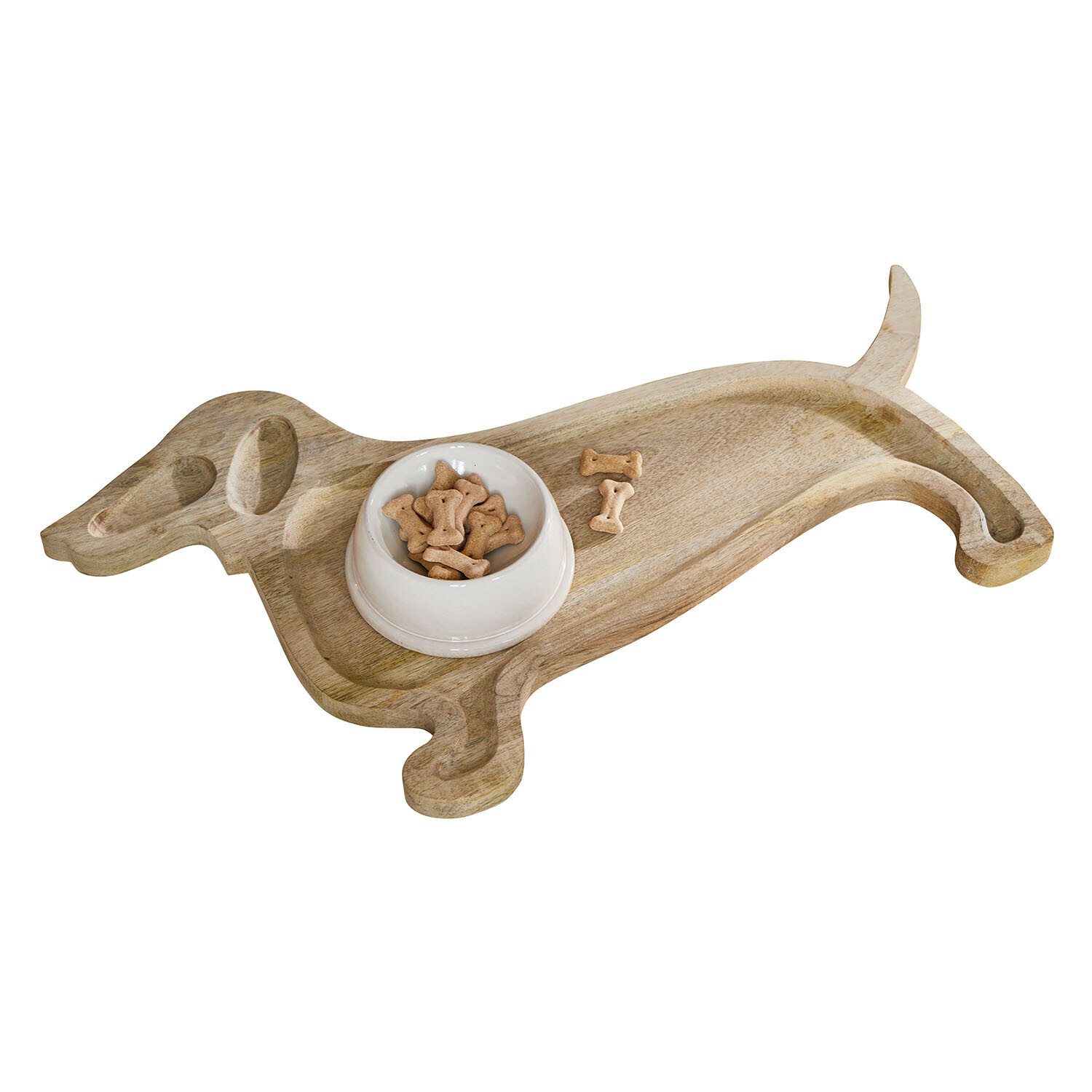 Supporto per ciotole Brisette Tagliere in legno a forma di cane con ciotola bianca e biscotti per cani