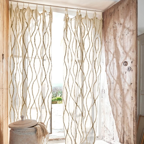 Tende trasparenti con motivo intrecciato beige, decorazione naturale per finestre in stile boho