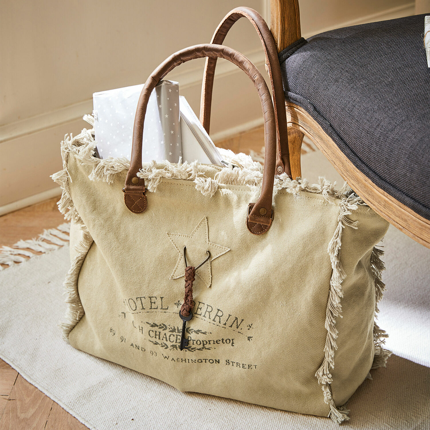 Borsa Elora Borsa beige in cotone con frange e manici marroni, stile vintage, borsa per la spesa pratica