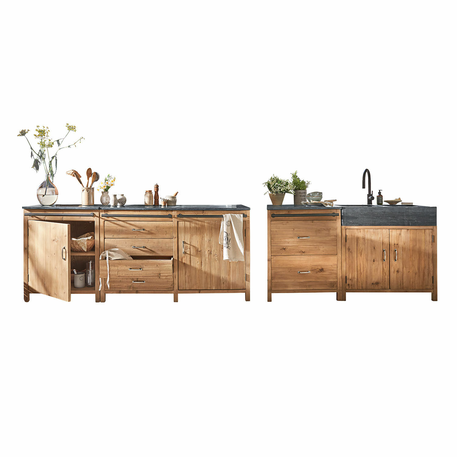 Set di 4 mobili da cucina Sunnybrook Cucina in legno naturale con piano nero e lavello, armadi e cassetti funzionali