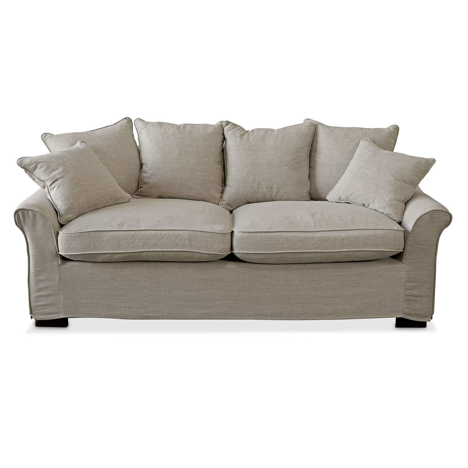 lino Divano Long Beach beige in lino con cuscini morbidi, mobile confortevole per soggiorno