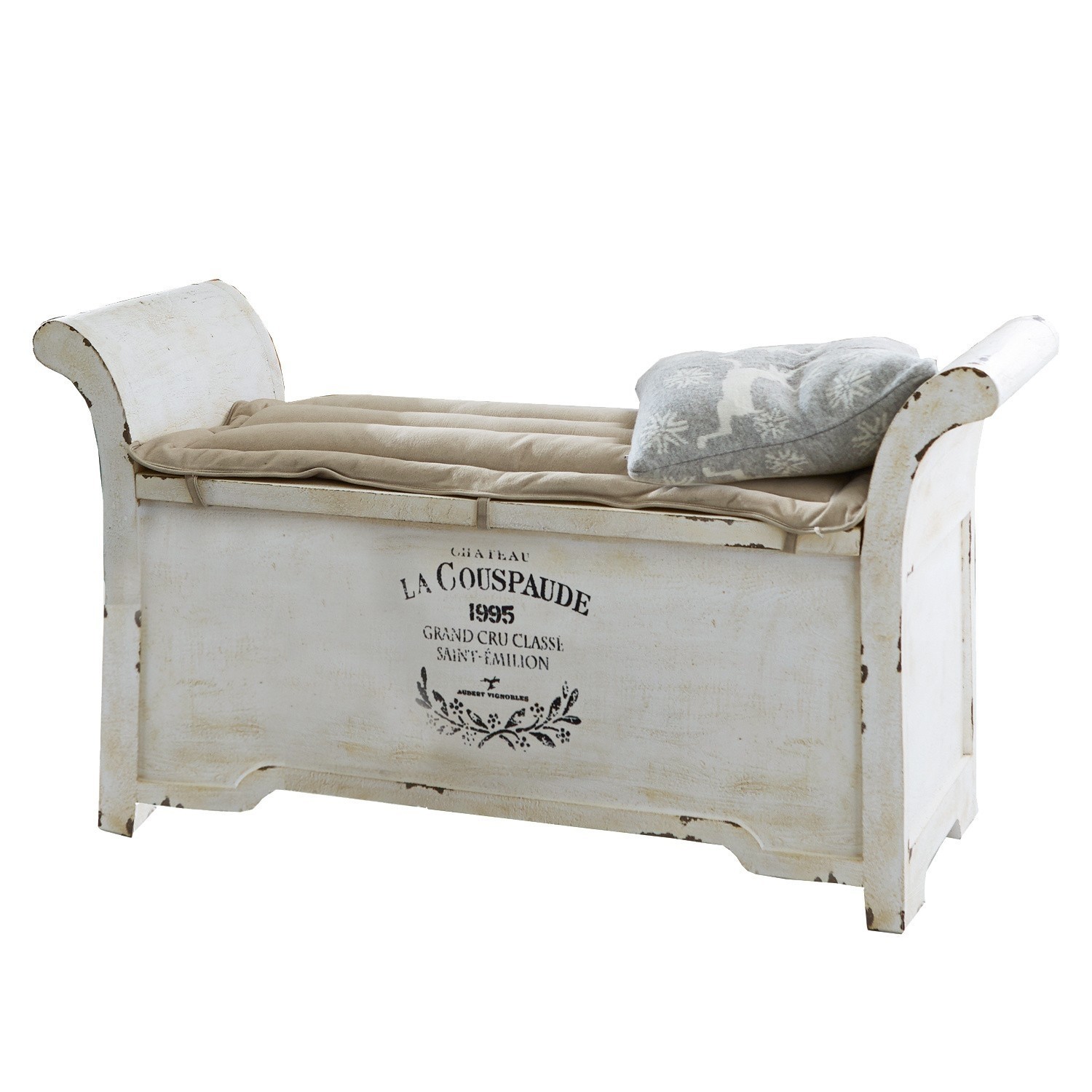 Cassapanca Andance Panca in legno bianco stile vintage con cuscino beige e cuscino decorativo grigio