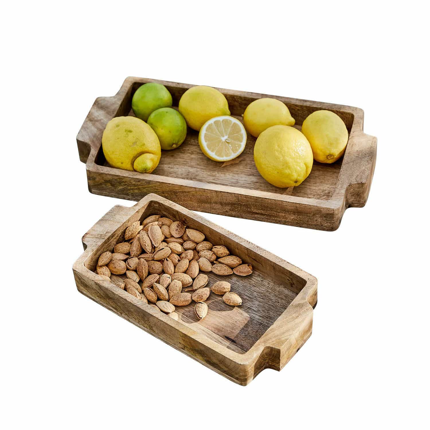 Coppia di vassoi Buer Vassoi rettangolari in legno con manici, uno con limoni, l'altro con mandorle, colore naturale